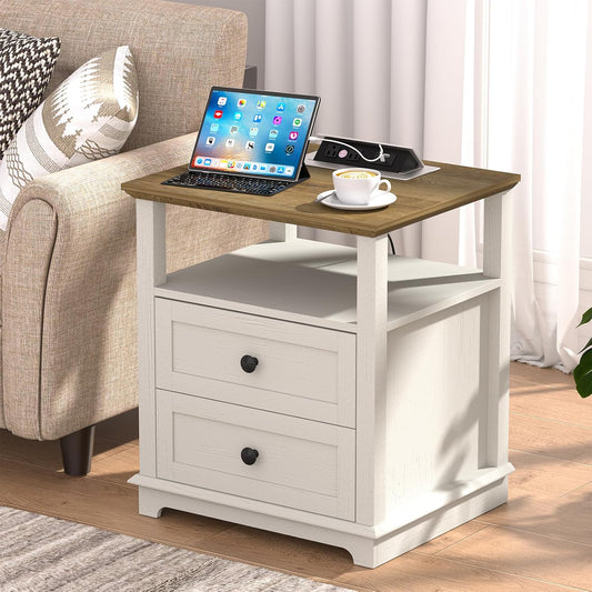 HIFYOBRO End Table with Flip Top Charging Station and 2 Drawers, Type-C & USB Port & Power outlets, Wooden Storage Cabinet, Large Side Table with Storage for Living Room and Bedroom (White)