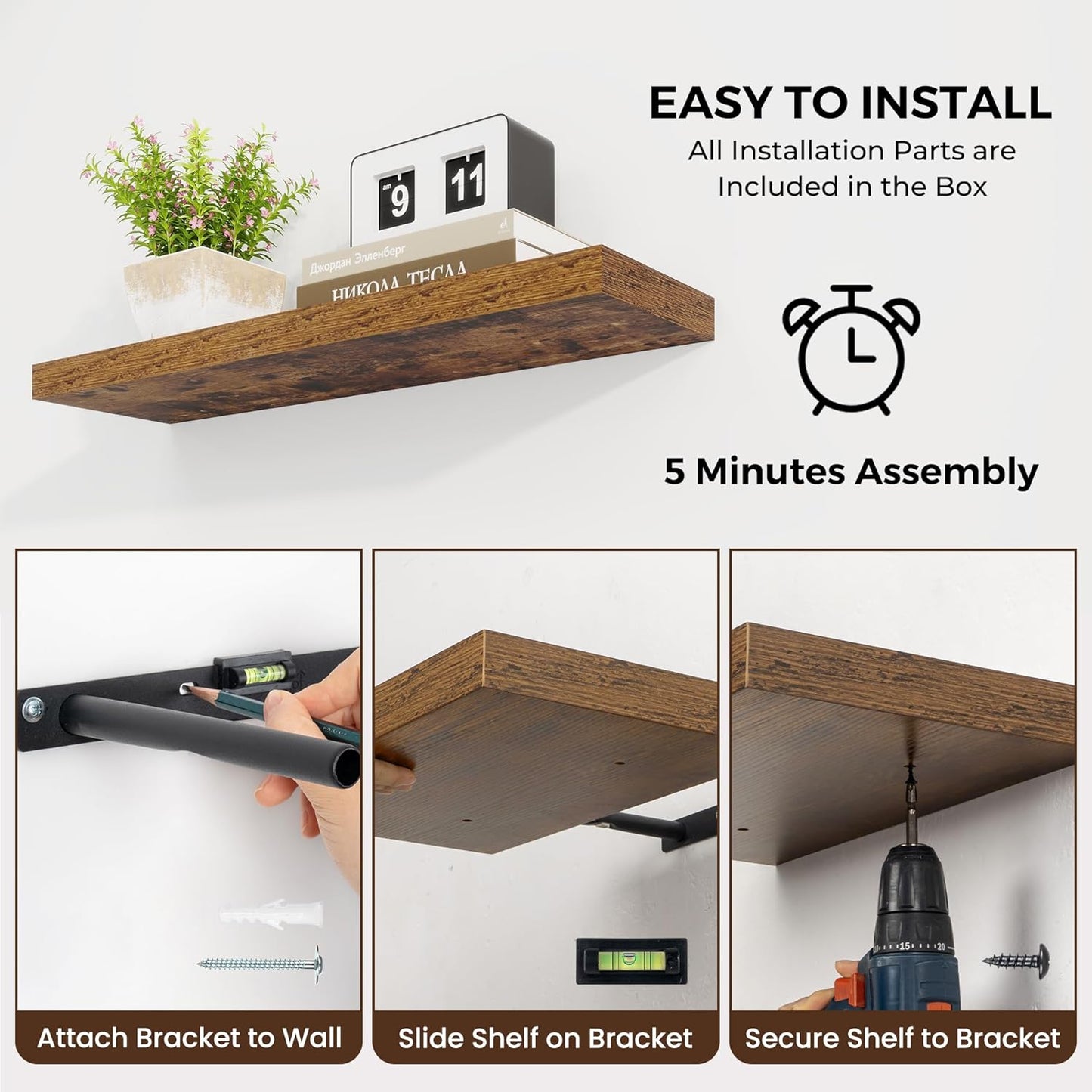 48 inch Floating Shelves for Wall Large Wall Mounted Shelves with Invisible Brackets, Brown Long Shelves for Bathroom, Living Room, Kitchen, Office, 48x9.1 inch deep Set of 2