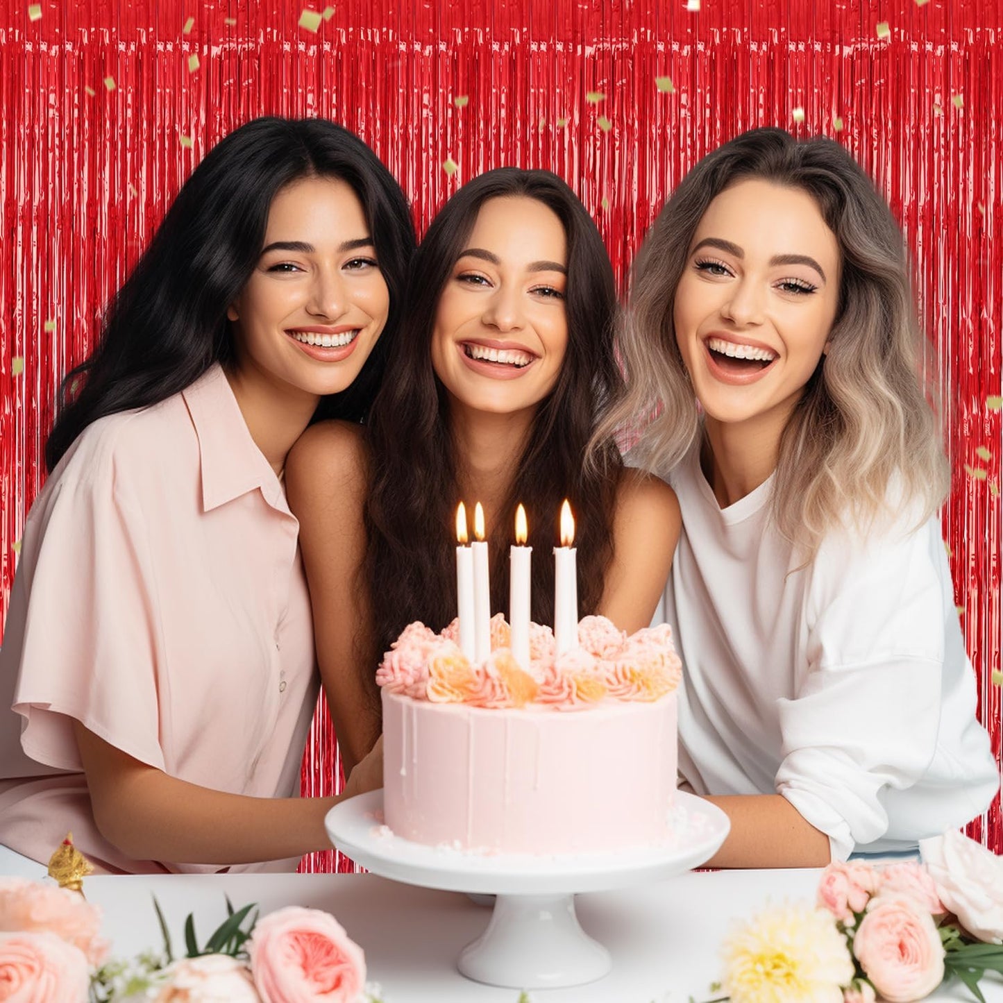 3 Pack Foil Fringe Backdrop - Red Shiny Tinsel Curtains for Party Decoration/Photo Booth Props - 3.3x8.2 FT Metallic Foil Backdrop for Birthday, Wedding, Graduation, Christmas.