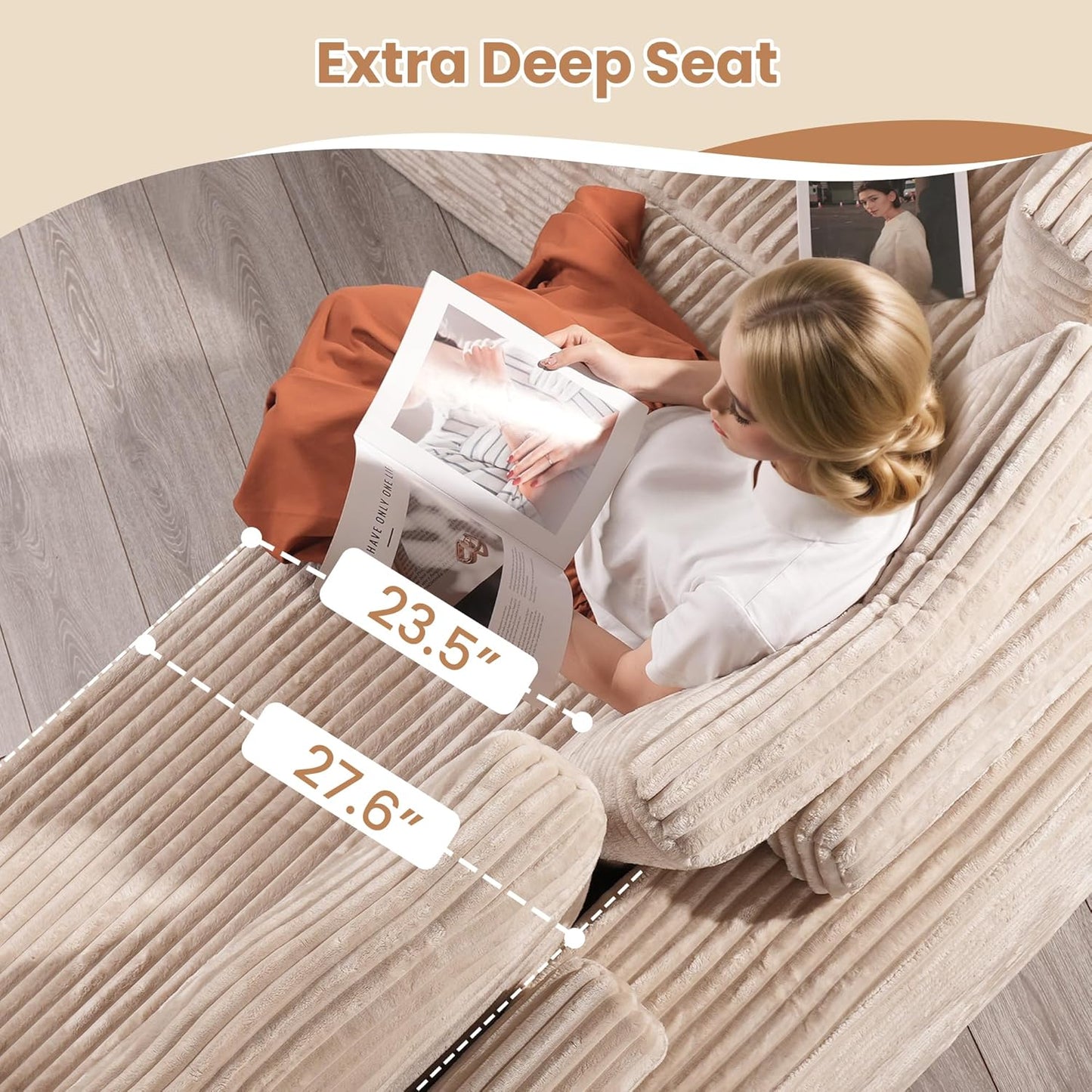 HOOOWOOO Cloud Sectional Couches for Living Room,Modular Sectional Sofa No Assembly,Plush Corduroy Large Floor Couch Furniture Set with Deep Seat Right L Shape and Chaise Lounge(Beige)