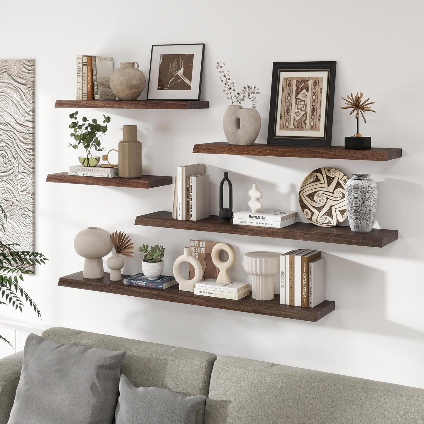 RICHFOCUS Live Edge Elm Floating Shelves - 30" W x 9.3" D Rustic Solid Wood Wall Shelves with Invisible Bracket, Wall-Mounted for Living Room, Bedroom, Kitchen Storage & Display, Set of 2, Walnut