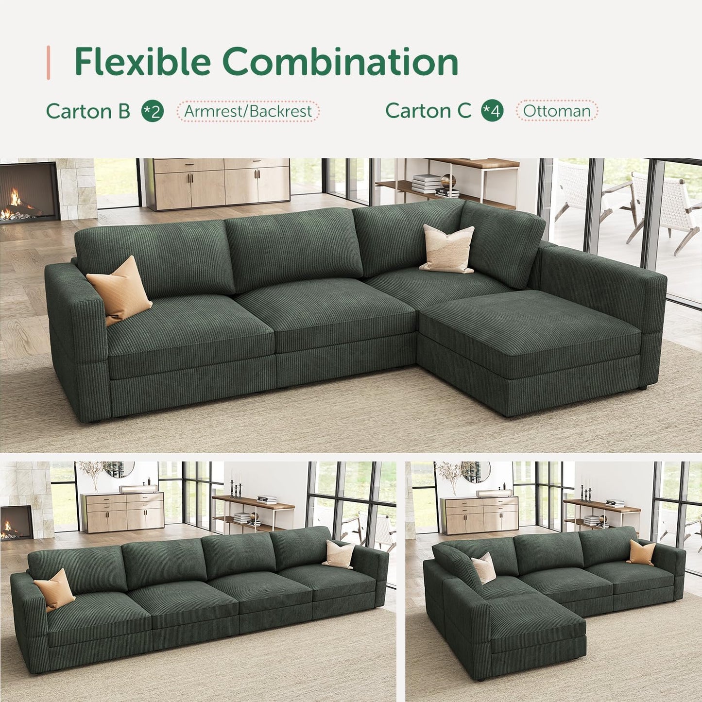 HONBAY Modular Sectional Couches with Storage Corduroy Sleeper Sofa Modular Sectional Couches for Living Room,Green