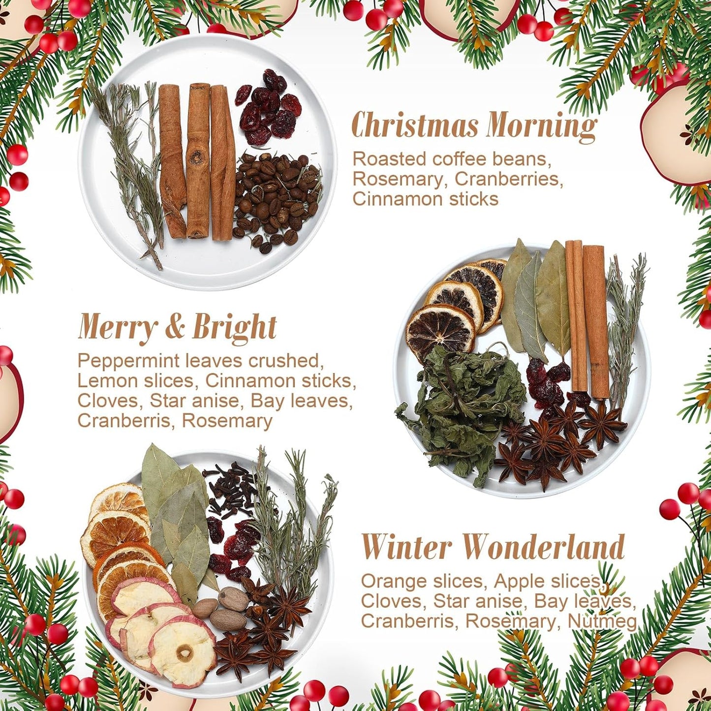 3 Pack Christmas Potpourri Simmer Pot Kit, Holiday Stovetop Potpourri, Botanical Air Freshener Sachets, Festive Bowl Filler Decor for Home Fragrance, Housewarming & Hostess Gifts