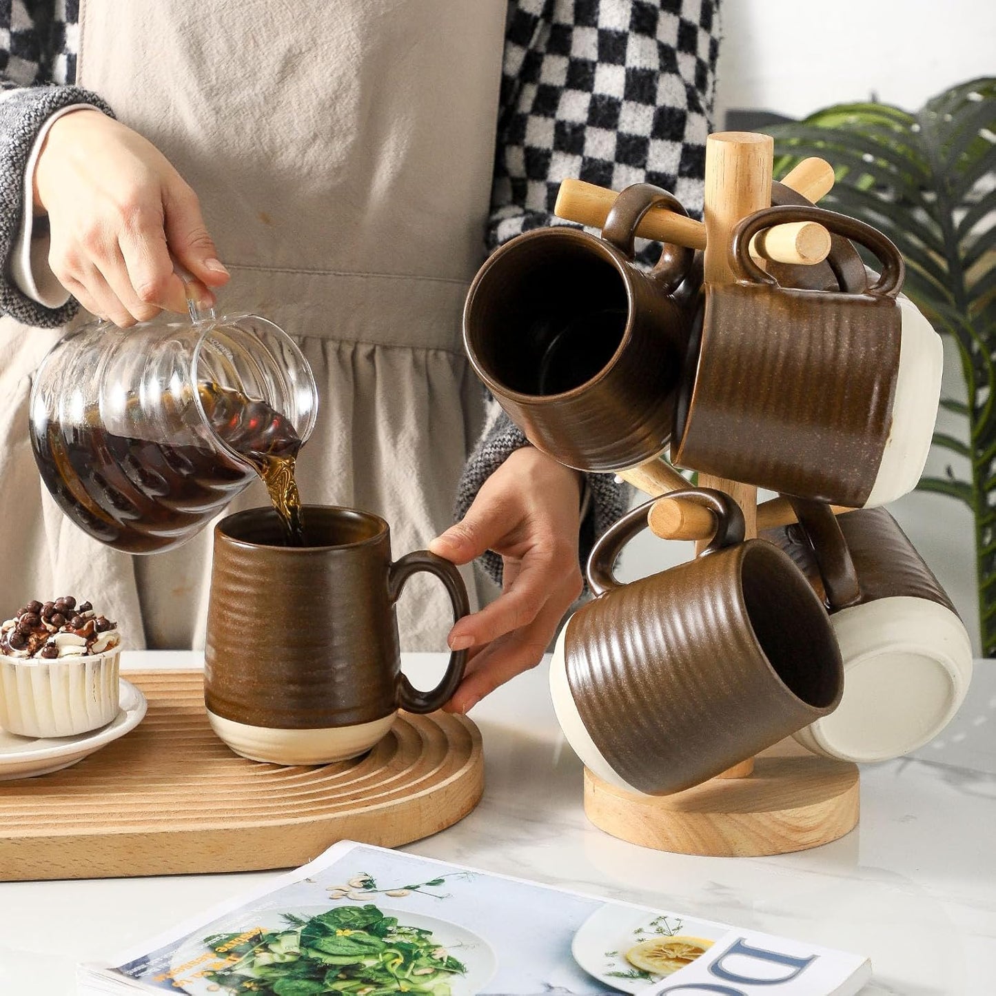 Hasense Porcelain Coffee Mugs Set of 6, 15 Ounce Large Ceramic Coffee Cups Set with Handle for Latte, Tea, Cocoa and Hot Chocolate, Brown Coffee Mugs for Men and Women, Microwave Safe