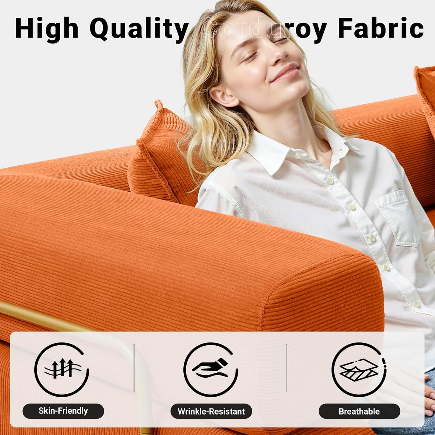 108" Oversized Convertible Sleeper Sofa Bed, Corduroy L Shape Sectional Couch, Folding Sofa Bed with Side Pocket, Modern Cloud Floor Mattress Couch, Modular Sofa for Living Room, Orange