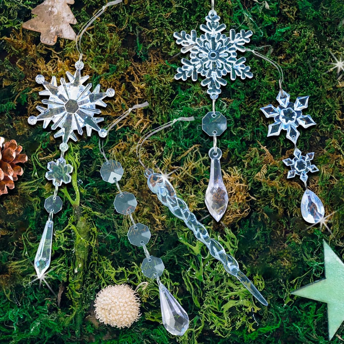 18pcs Crystal Christmas Ornaments for Christmas Tree Decorations-Blue Hanging Acrylic Snowflake and Icicle Ornaments with Drop Pendants for New Year Party Decorations Supplies