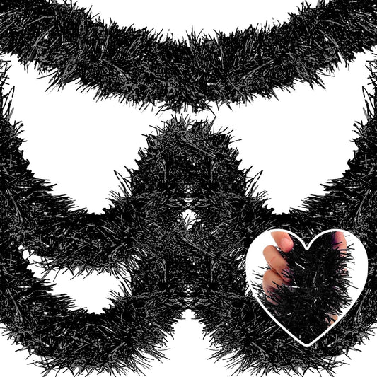 50 Feet Christmas Tinsel Garland, Metallic Twist Wall Hanging Tinsel Backdrop for Parade Floats, Carnival, Birthday, Wedding, New Year Party Decorations (Black, 2in x 50ft)