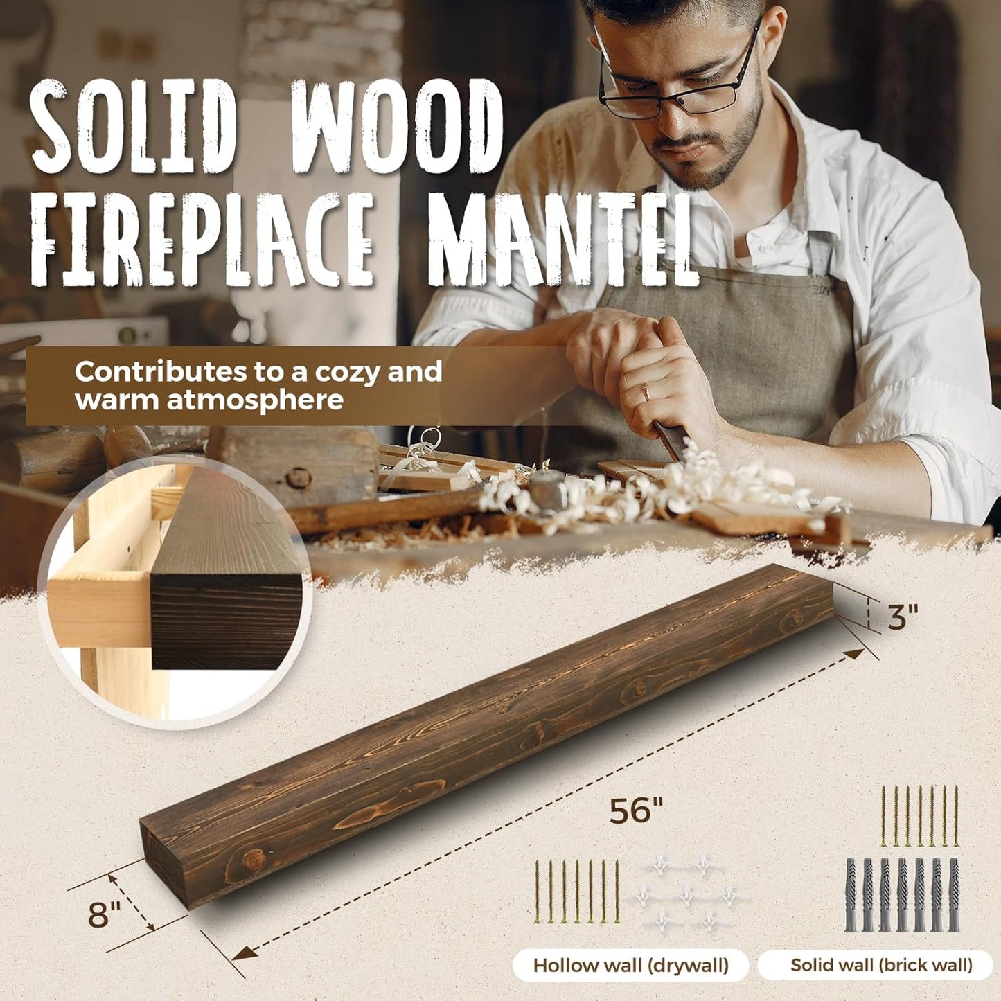 56x8x3 Fireplace Mantel - Handcrafted Hollow Rustic Solid Wood Wall Mounted Floating Shelf with Invisible Heavy Duty Wood Bracket (Weathered Brown)