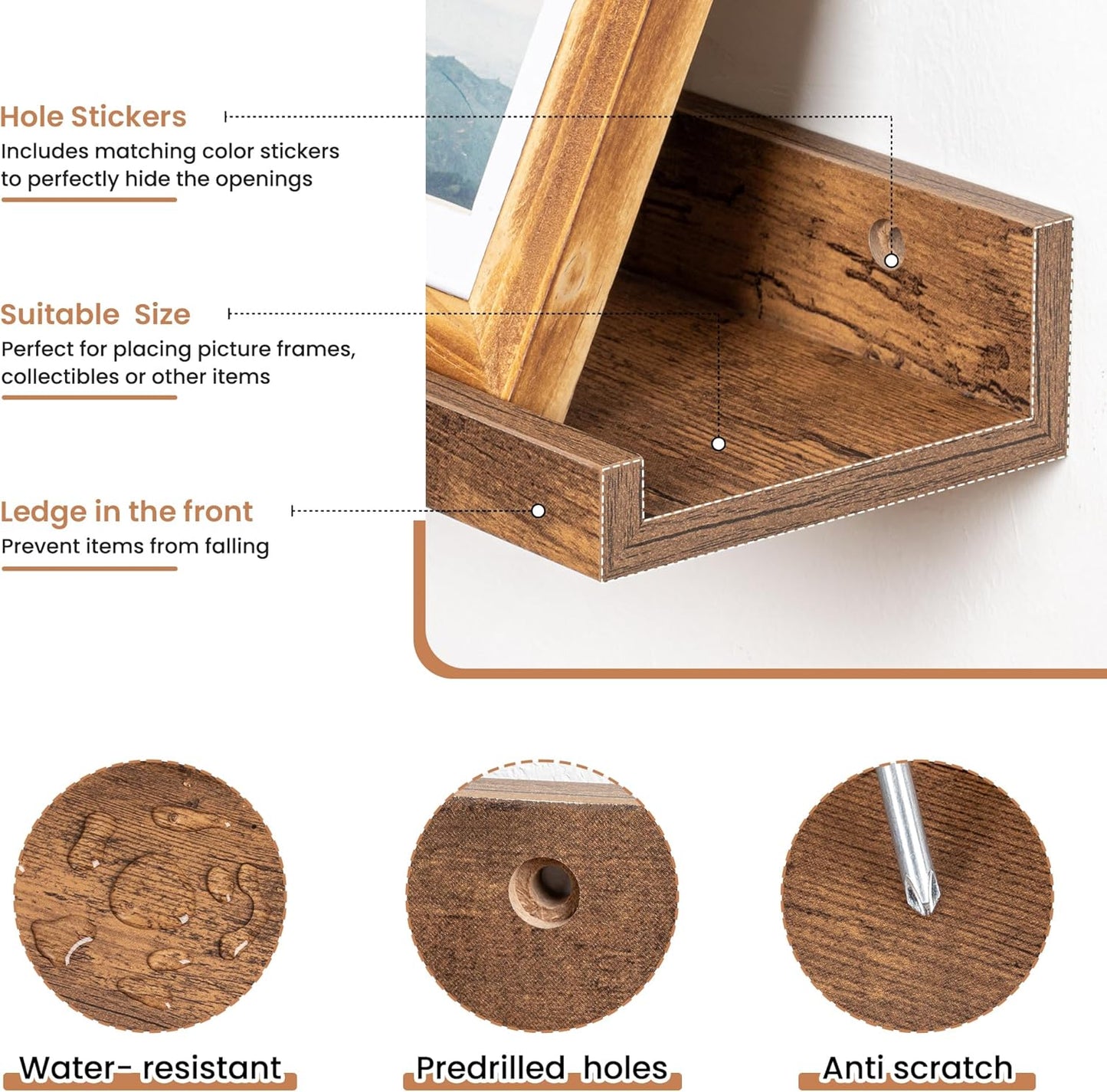 Fun Memories Picture Ledge Shelves Set of 2, 32 Inch Rustic Wall Mounted Floating Shelves with Lip for Home Storage and Décor in Bathroom, Kitchen, Nursery, Bedroom, Living Room, Brown