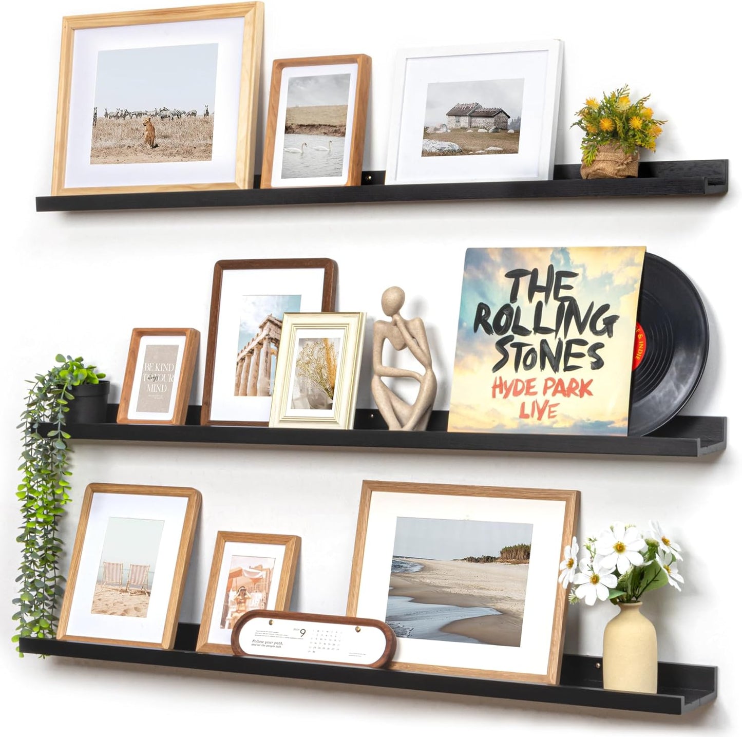 Picture Ledge Wall Shelves 48 inches Width Set of 3, Solid Pine Wood Rustic Floating Ledge Shelves for Wall for Kids' Room Bedroom Kitchen Bathroom Long Floating Shelves for Wall Decor, Black