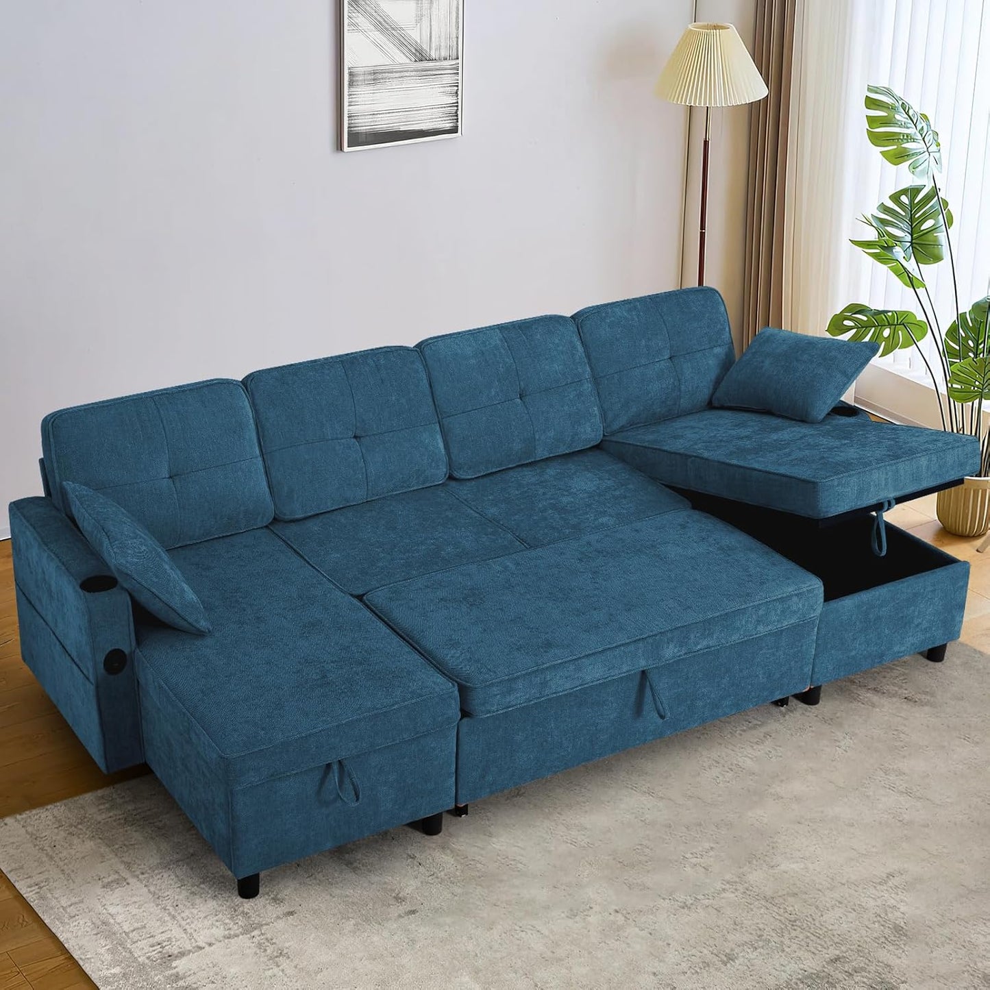110 Inches Chenille Sectional Sofa w/Pull Out Sofa Bed & Adjustable Back, Tufted U Shaped Couch w/Two Storage Chaises, Sleeper Sectional Sofa w/USB Port & Cup Holders for Living Room, Blue