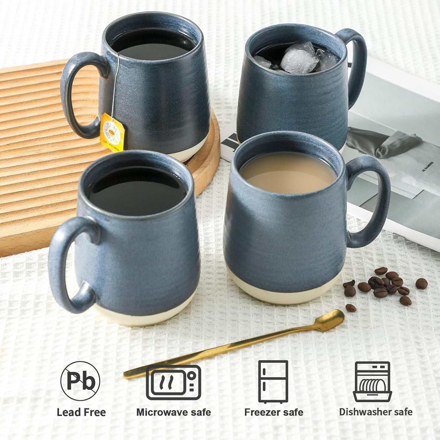 Hasense Coffee Cups Ceramic, Coffee Mugs with Handles Set of 4, 15 oz Tea Cups for Home and Office, Stylish Colorblocking Mugs for Coffee, Tea, Latte, Hot Chocolate, Christmas Cups Gift, Deep Blue