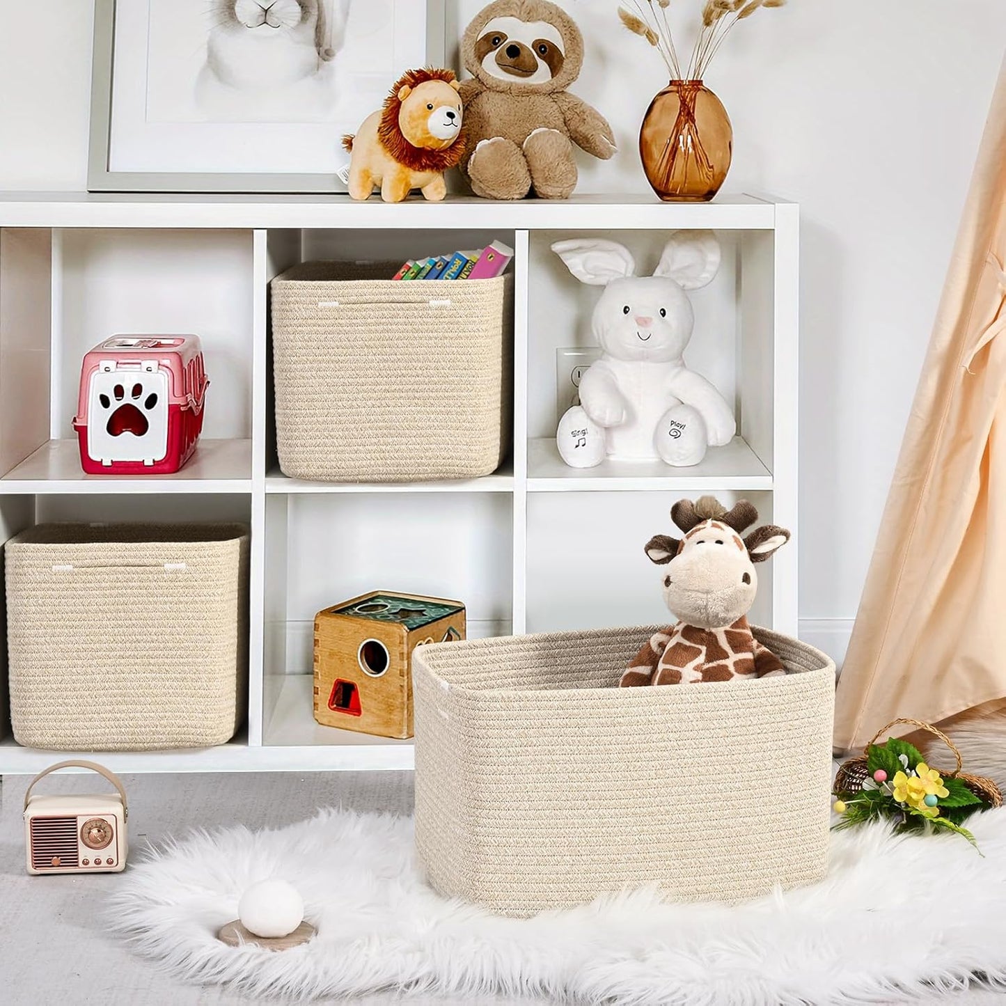 3-Pack Shelf Baskets for Organizing, Woven Storage Basket for Shelves, Cotton Rope Storage Bins for Toys Books, Nursery Towel Baskets for Classroom, 14.96"X9.8"X8.85", Brown