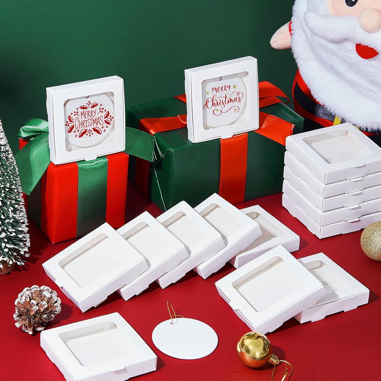 25 Pcs Sublimation Ornament Blanks Box 3.6"x3.6"x0.7" Christmas Ornaments Holder Ceramic Discs Packaging Box with Window for Personalized Xmas Tree Blanks Bulk (White)