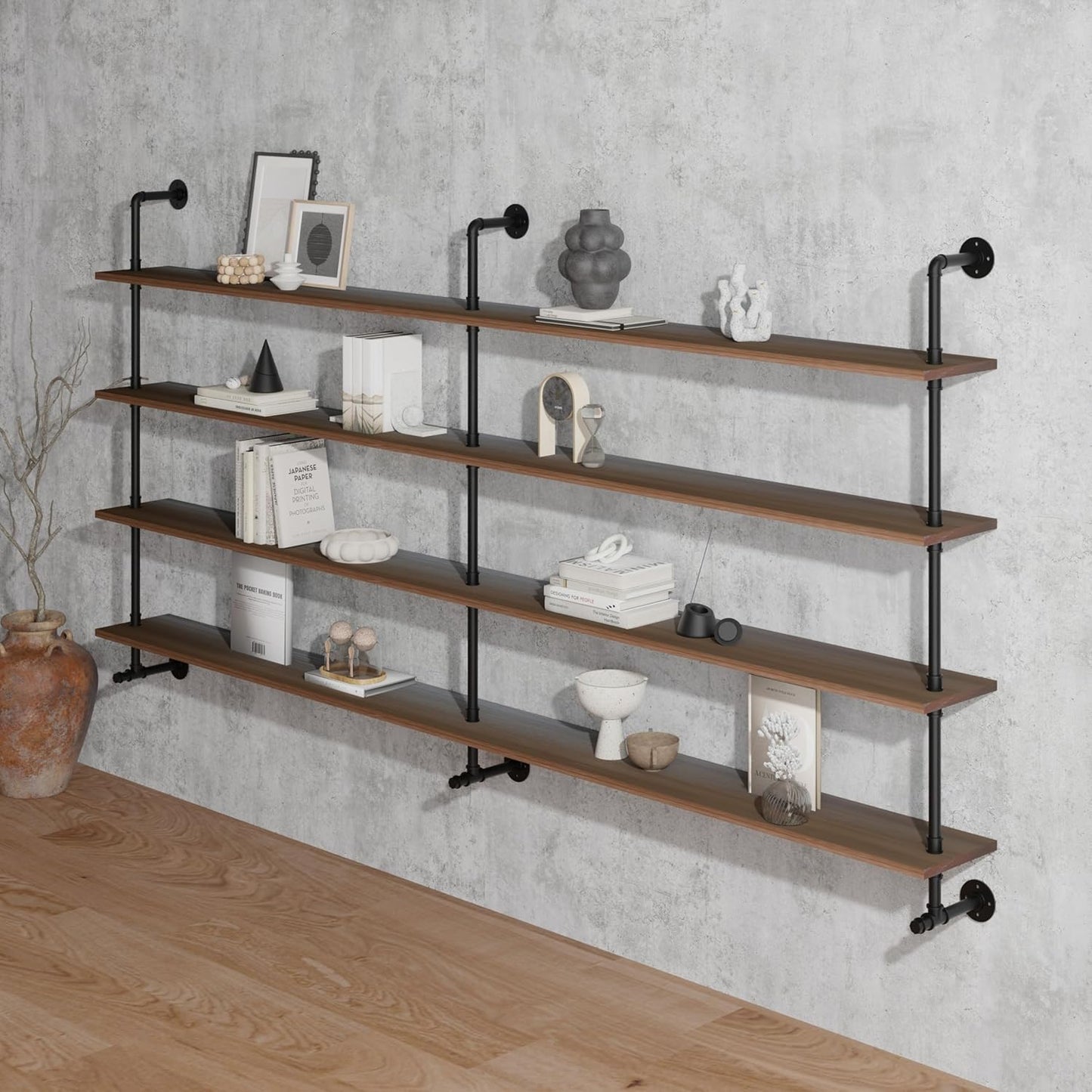 Industrial Pipe Wall Shelves With Real Wood Plank, 70 Inches Floating Shelves for Wall, 4 Tier Farmhouse Book Shelves, Dark Brown for Kitchen, Living Room Decor and Bar