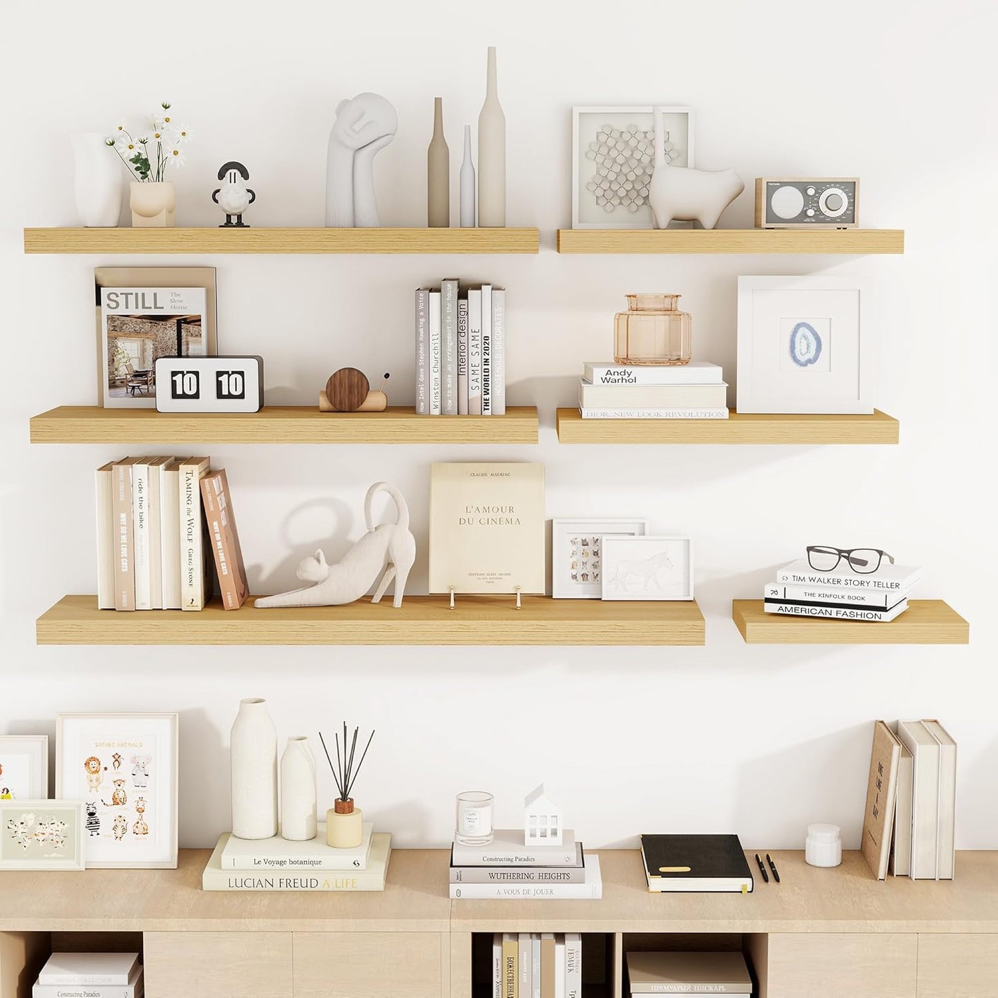 48 Inch Floating Shelves, 3D Textured Wood Grain, 48"x9.25"x1.5" Inch Deep Floating Shelves for Wall, Wooden Shelves for Bathroom, Bedroom, Living Room, Natural