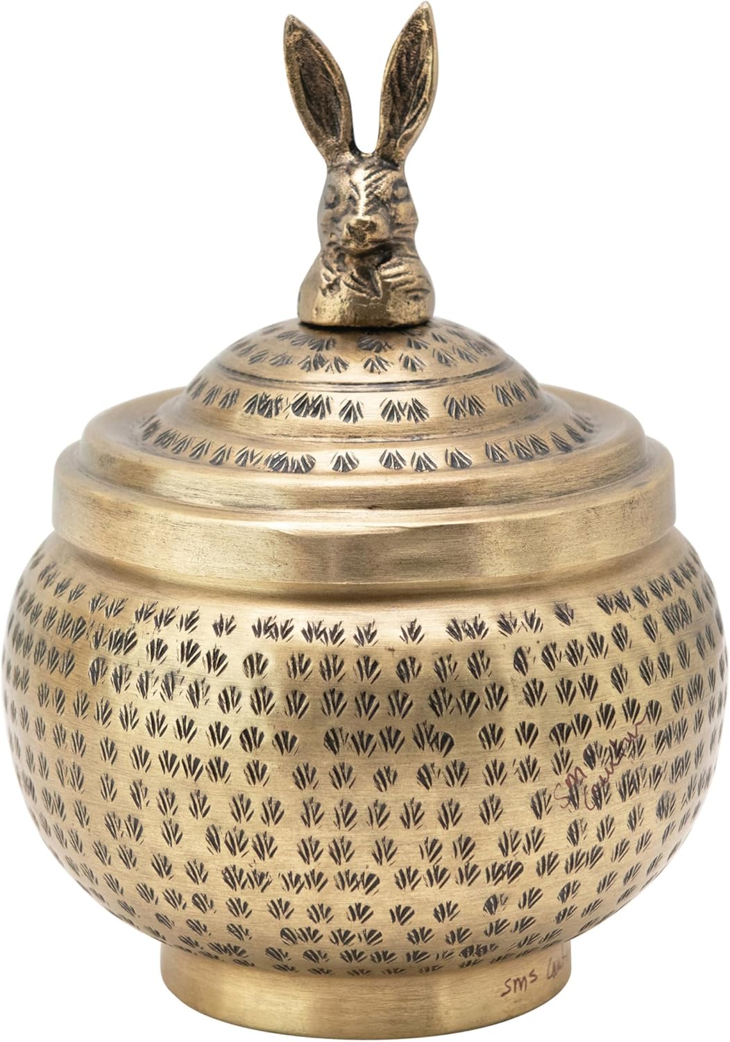 Creative Co-Op Round Hammered Metal Container with Rabbit Finial, Brass Finish