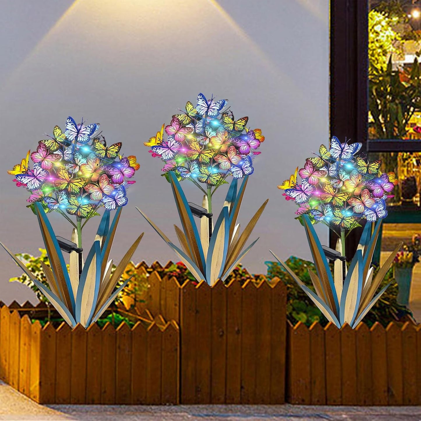 Homight Solar Metal Agave Butterfly Flower Stick Garden Sculpture - Outdoor Gift, Christmas Lights - Swaying Butterfly Garden Lights (2 PCS Blue)
