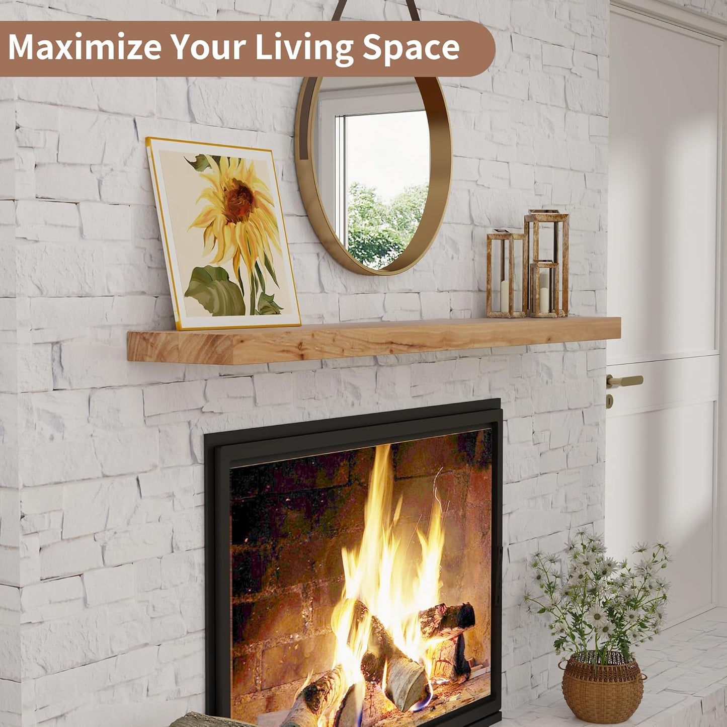 Axeman Floating Shelves for Wall, Rustic Elm Wood 56''W x 8" D Wall Shelf with Invisible Bracket, Large Long Wall Mounted Storage Shelves for Living Room, Bedroom, Kitchen, Bathroom Decor, Natural