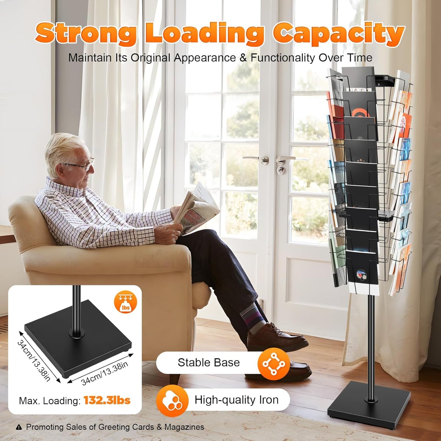 Cashewnuts 36 Pockets Rotating Magazine Rack Floor Standing 360 Degrees Rotating Brochure Display Stand Metal Literature Book Storage for Brochures, CD, DVD, 5.28ft Height