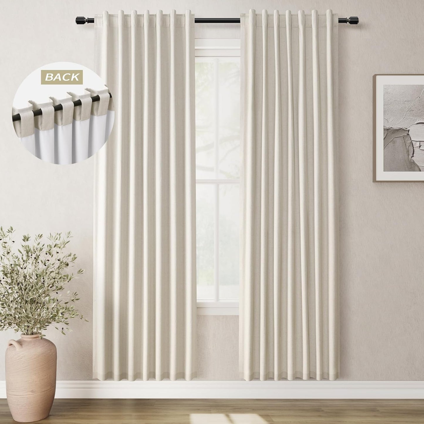 Greyish Beige Linen Black Out Curtains 80 Inch Long 2 Panels Set for Bedroom Light Blocking Curtains Greige with 100% Blackout Backing Light Taupe Thermal Insulated Room Darkening Curtain Drapes