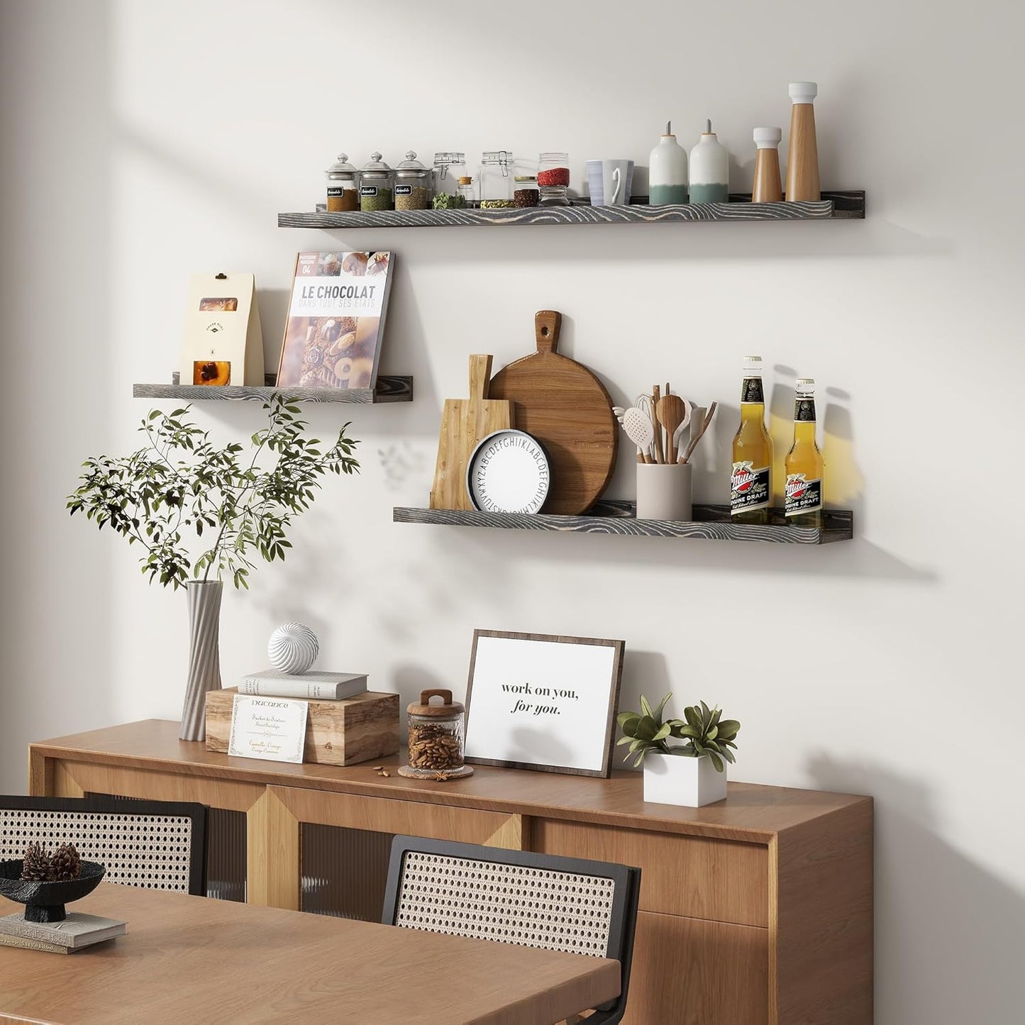 Picture Ledge Wall Shelves - Set of 3, 16 Inch Width, Solid Pine Wood Rustic Floating Ledge Shelves for Kids' Room, Bedroom, Kitchen, Bathroom, Living Room, Nursery Display Decor, Grey