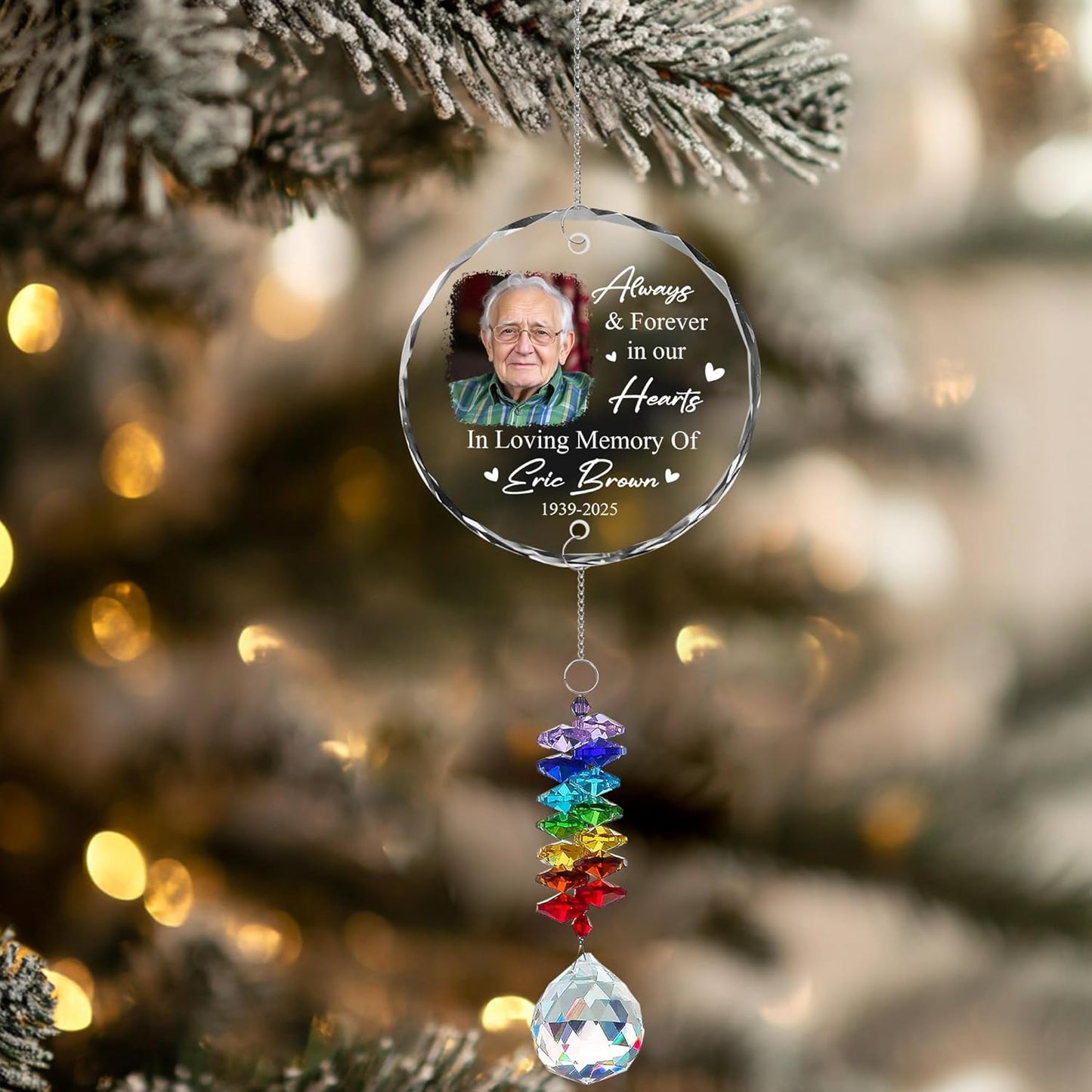Personalized Memorial Ornament with Photo – Custom Glass Suncatcher for Loss of Loved One – Always & Forever in Our Hearts Rainbow Hanging Crystal – in Loving Memory