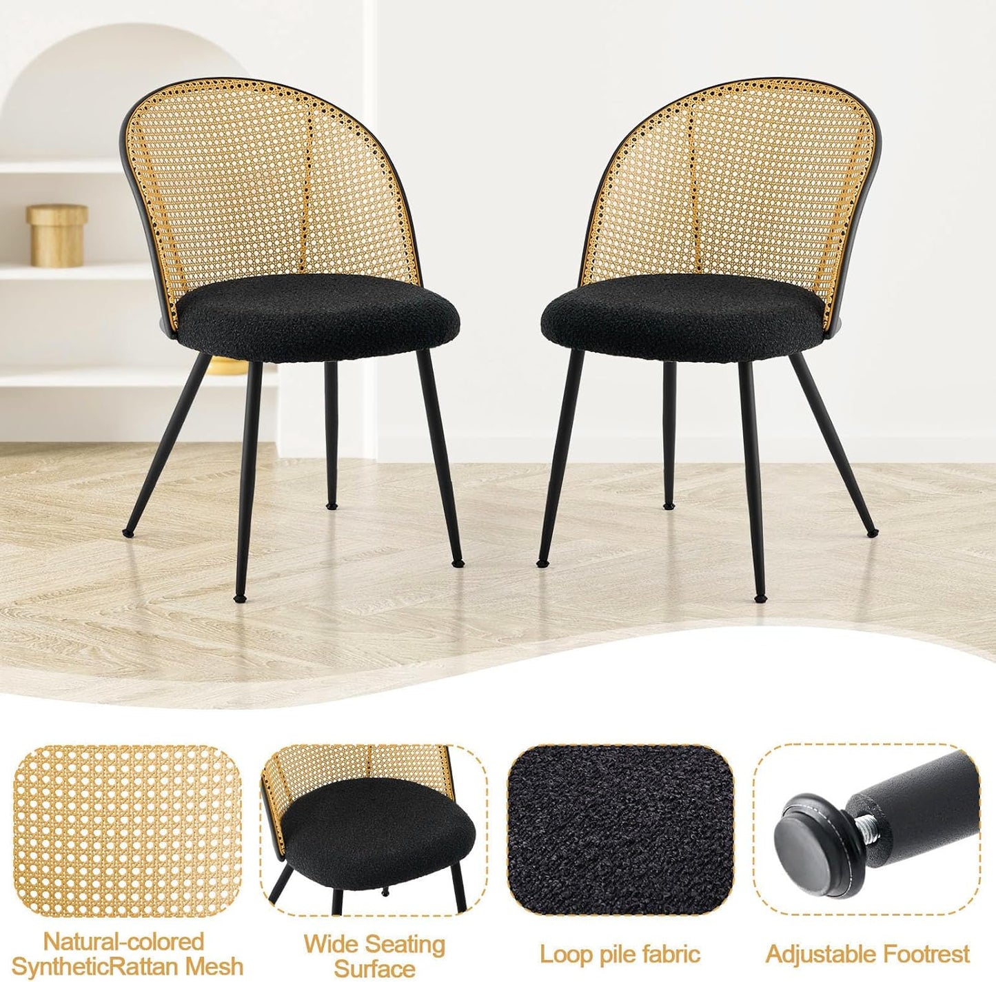 Rattan Dining Chairs Set of 6, Mid-Century Modern Kitchen Dining Room Chairs with Full Cane Backrest Armless Upholstered Farmhouse Boucle Dining Chairs with Metal Leqs for Dining Room, Black