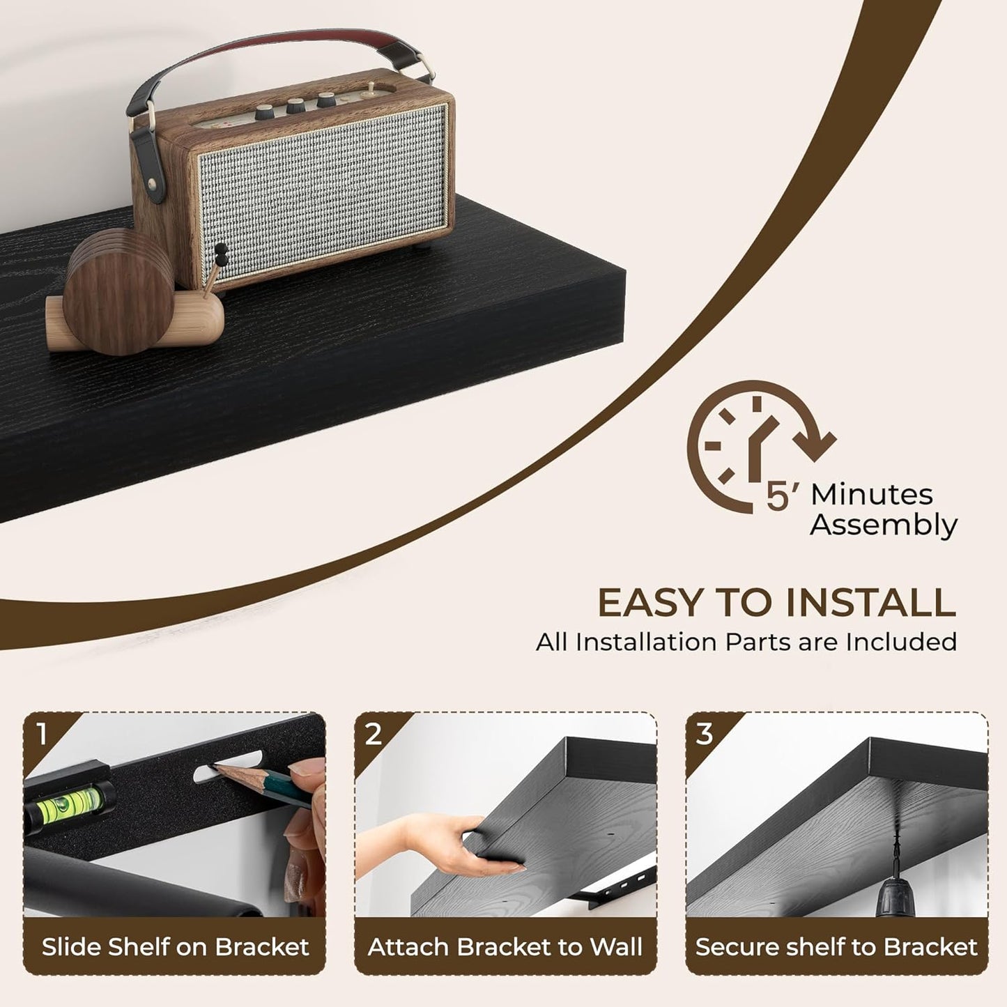 RICHFOCUS 16Inch Floating Shelves for Wall 2 Pack Shelves for Bedroom|Kitchen|Bathroom Wall Mounted Rustic Wood Floating Shelf with Invisible Brackets for Books|Storage|Decor, Black