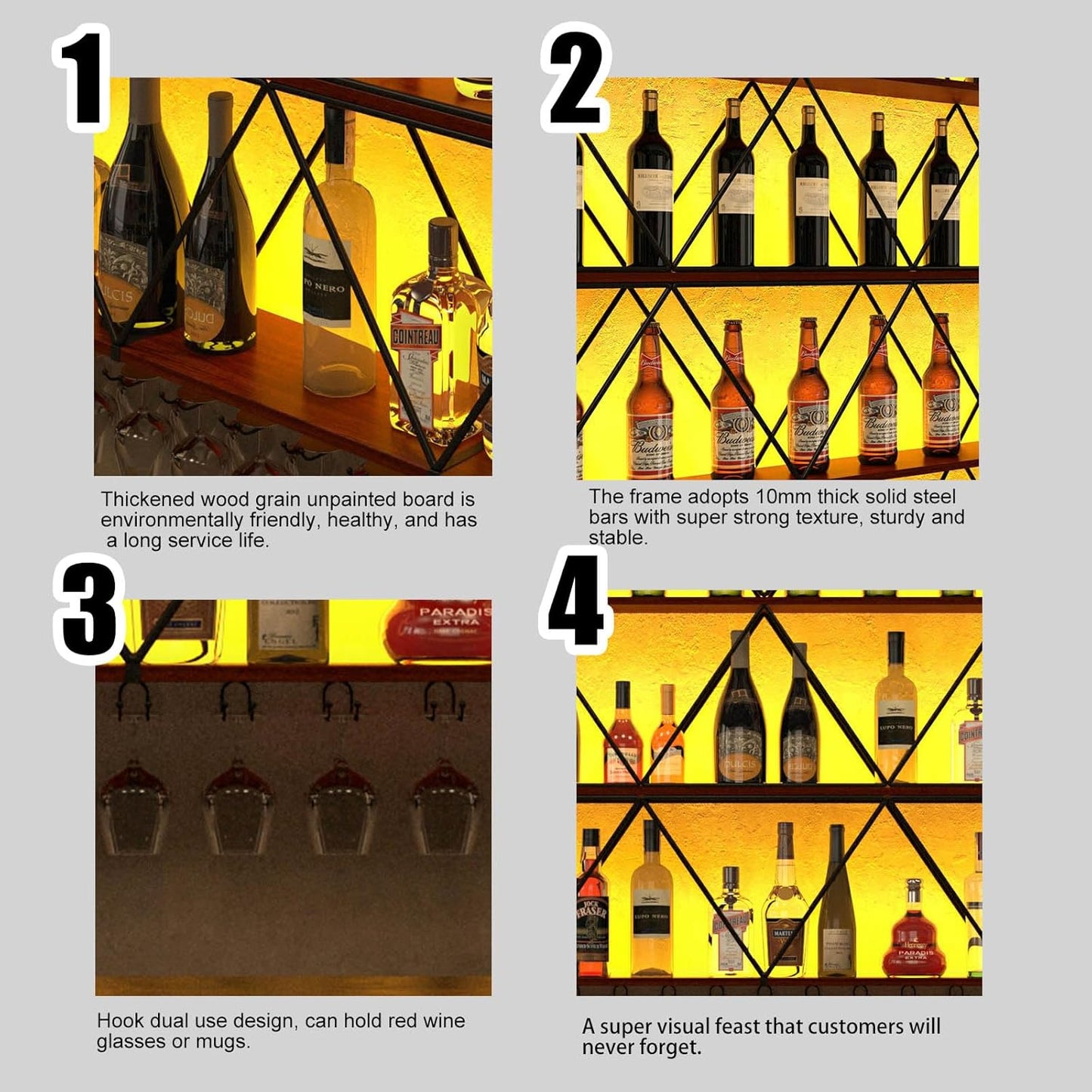 47in Wine Rack Wall Mount with Glass Holder, 3-Tier Floating Wine Rack, Multi-Function Bar Wine Bottle Display Rack for Commercial Restaurants, Tea Rooms, Bars, Wine Cellars (black, 47.24in/120cm)