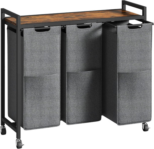 HOOBRO Laundry Sorter 3 Section, Laundry Hamper with Wheels, 3 × 11.5 Gal (43.4L), Rolling Laundry Basket, Pull-Out and Removable Oxford Fabric Laundry Bags, Rustic Brown and Grey BFG76XY01