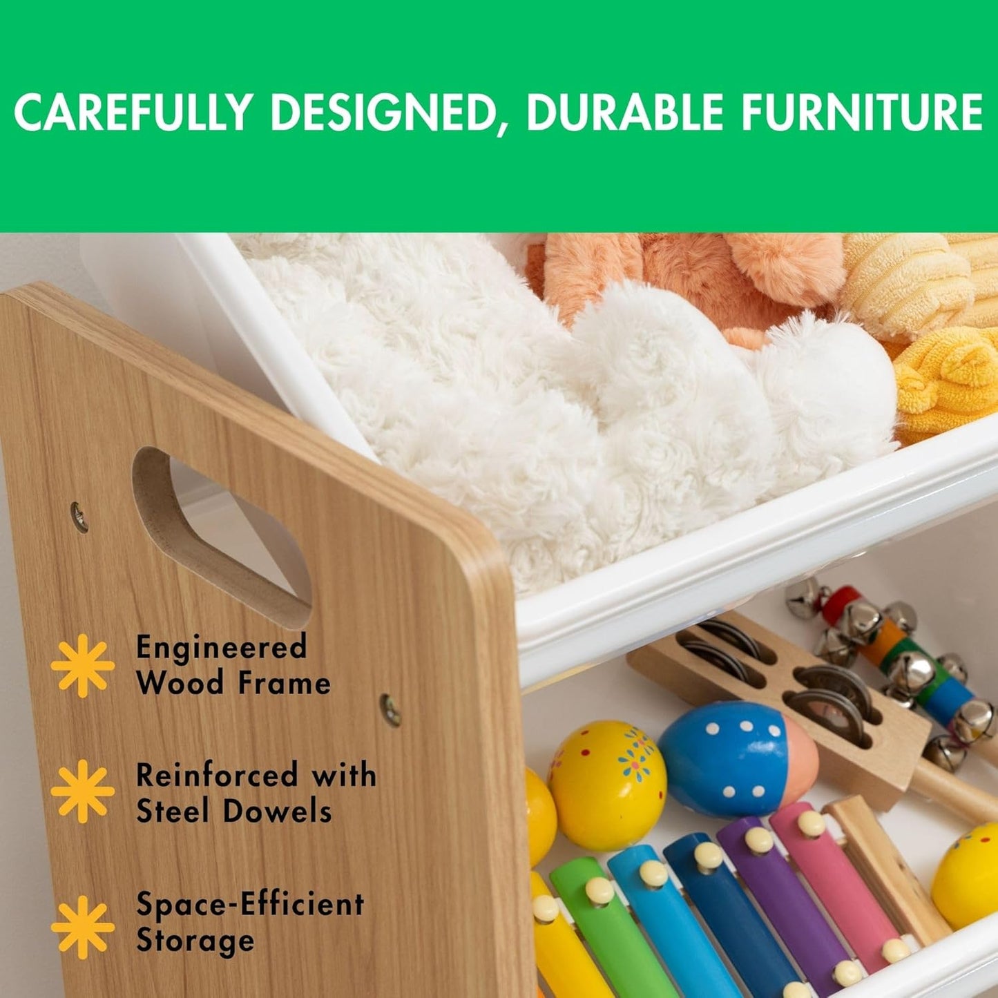 Humble Crew 9-Bin Toy Organizer – Journey Natural Wood with White Plastic Bins, 3-Tier Storage Solution for Kids' Playrooms and Nurseries