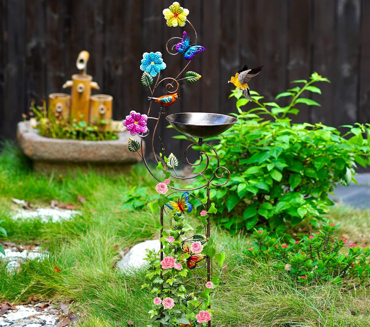 57" Height Metal Bird Bath with Trellis for Outdoor, Vintage Decorative Bird Baths, Small Garden Plant Support, Antique BirdBath for Climbing Plants with Detachable Iron Bowl (Butterfly)