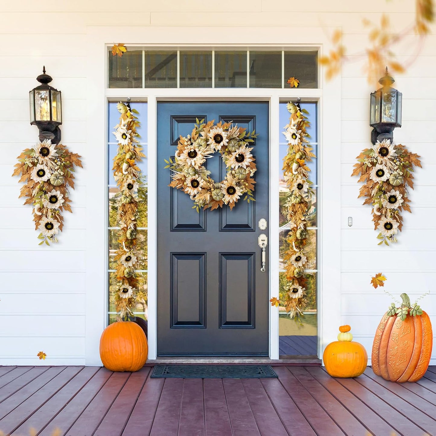 Glitzhome 24''D Artificial Fall Wreath for Front Door, Autumn Wreath with Sunflower, Pumpkin and Leaf, Metal Hanger for Farmhouse Indoor Outdoor Window Wall Door Decor