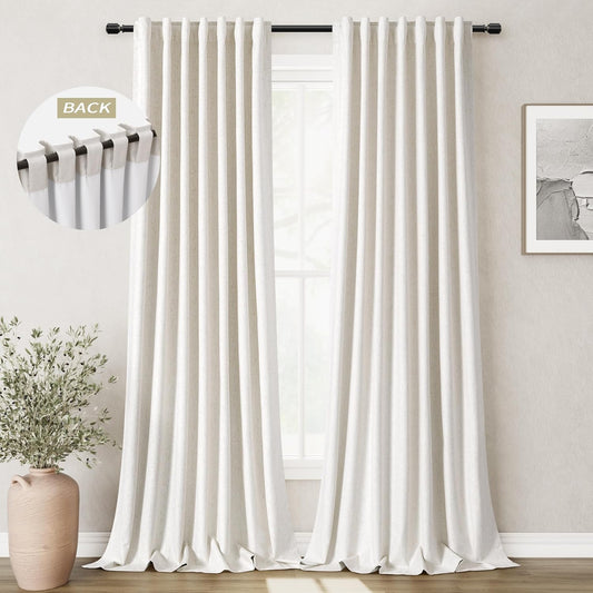 100 Inch Black Out Curtains 2 Panels Set Back Tab Thermal Insulated Natural Linen Textured Blackout Curtains Noise Reducing Cream Colored Neutral Living Room Darkening Window Drapes Pleated 52x100