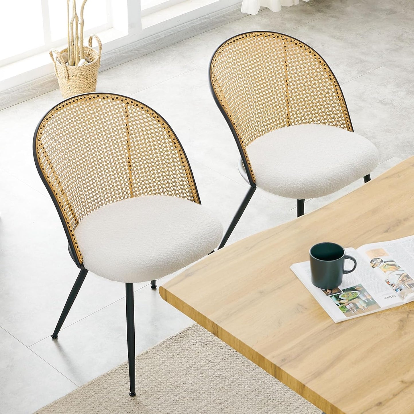 Rattan Dining Chairs Set of 2, Mid-Century Modern Kitchen Dining Room Chairs with Full Cane Backrest Armless Upholstered Farmhouse Boucle Dining Chairs with Metal Leqs for Dining Room, White