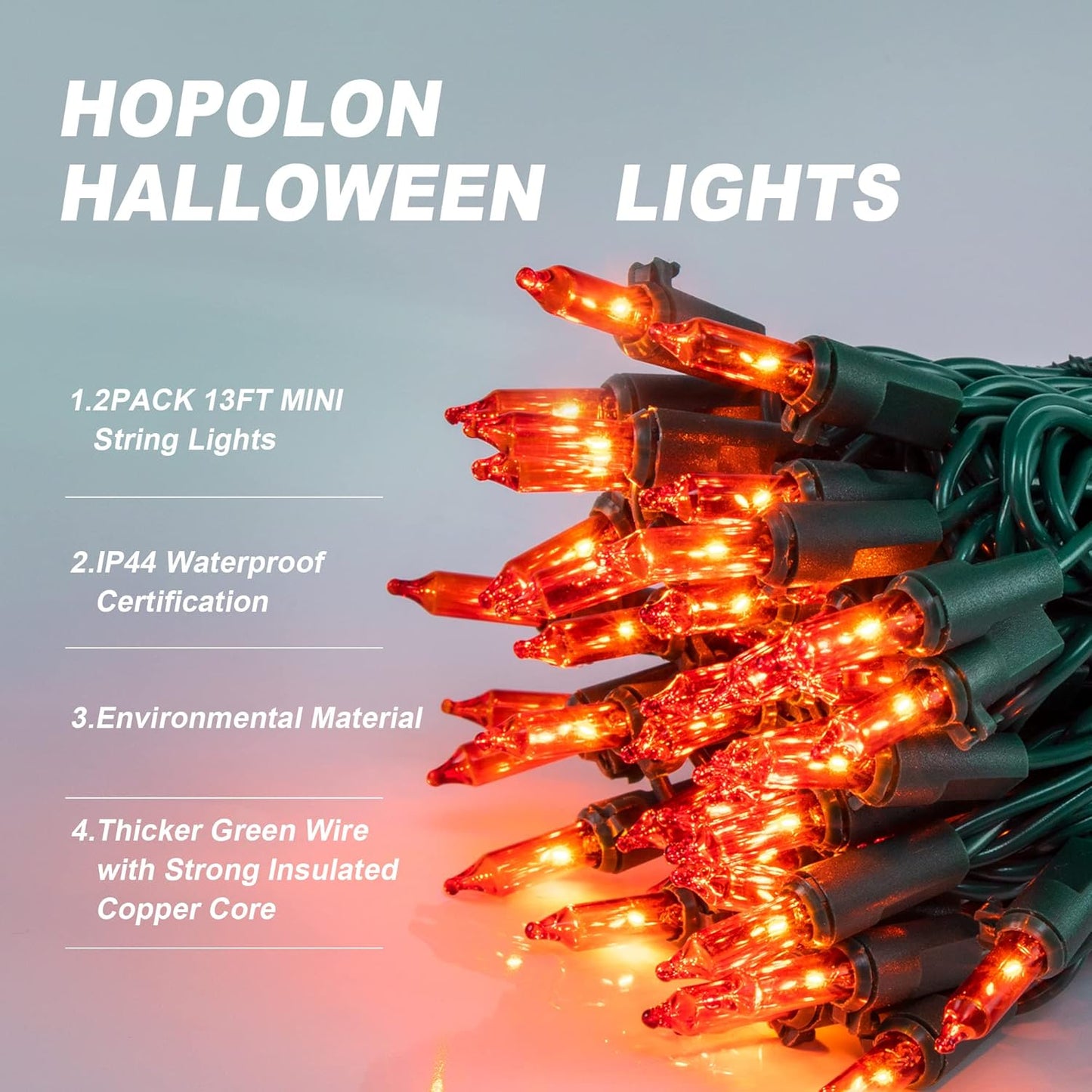 Hopolon Orange Halloween Lights, 2PACK 13ft 50 Orange Lights String,120V UL Certified String Light, Plug in Green Wire Fall Light Waterproof for Spooky Thanksgiving Party Decor(2pcs)