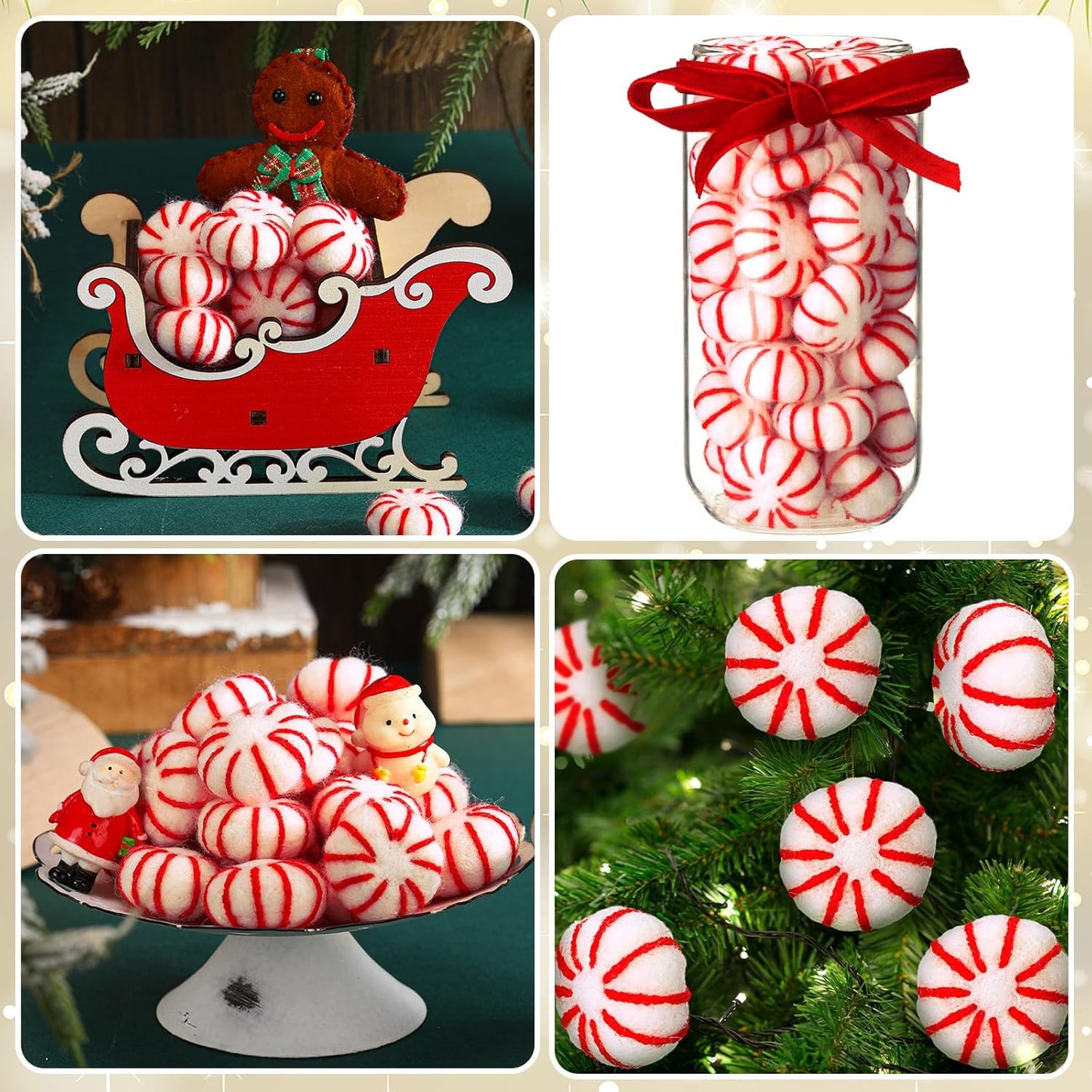 36 Pcs Felt Peppermint Decoration Christmas Wool Peppermints Christmas Arts Crafts Supplies, DIY Garland for Tree Home Vase Filler Decoration(Red)