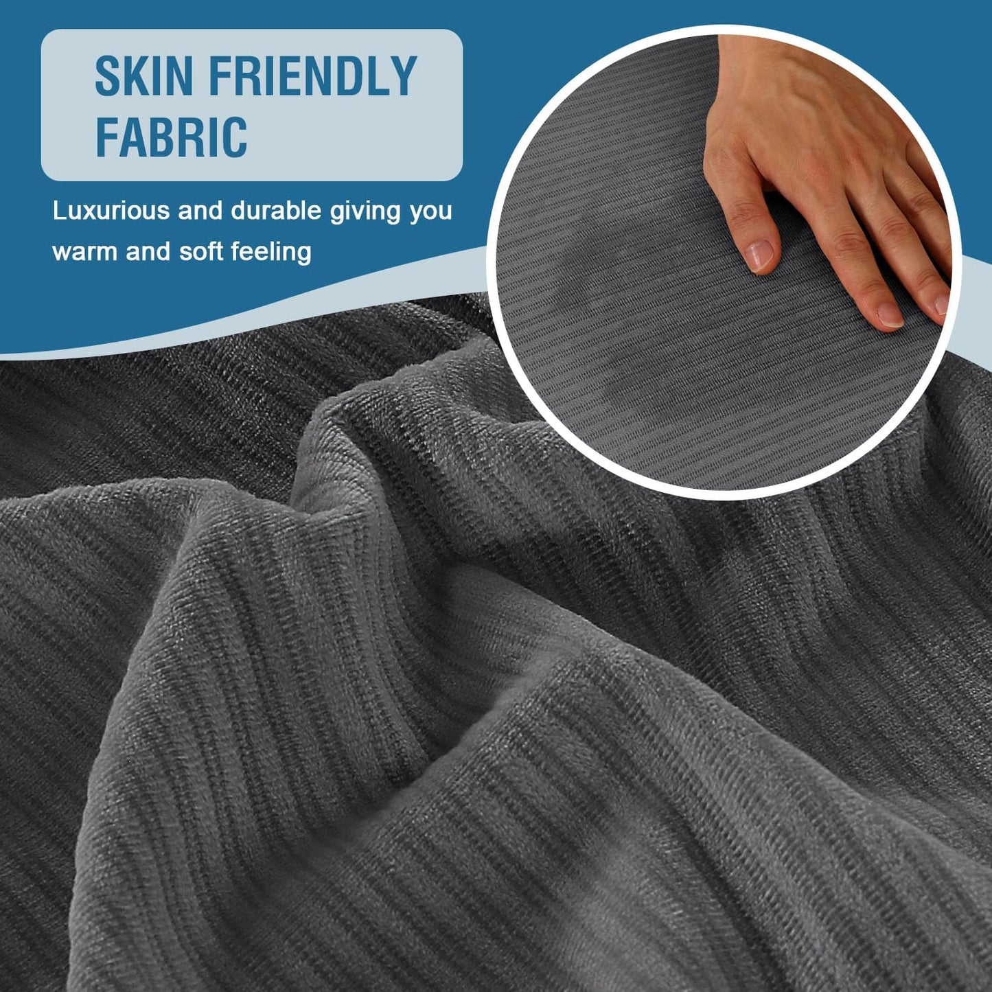 H.VERSAILTEX Velvet Stretch Sectional Couch Covers, 3 Pieces, L-Shaped with Separate Cushions - For Both Left/Right Couch Types (Large Sofa 2 Seater + Chaise, Grey Striped)