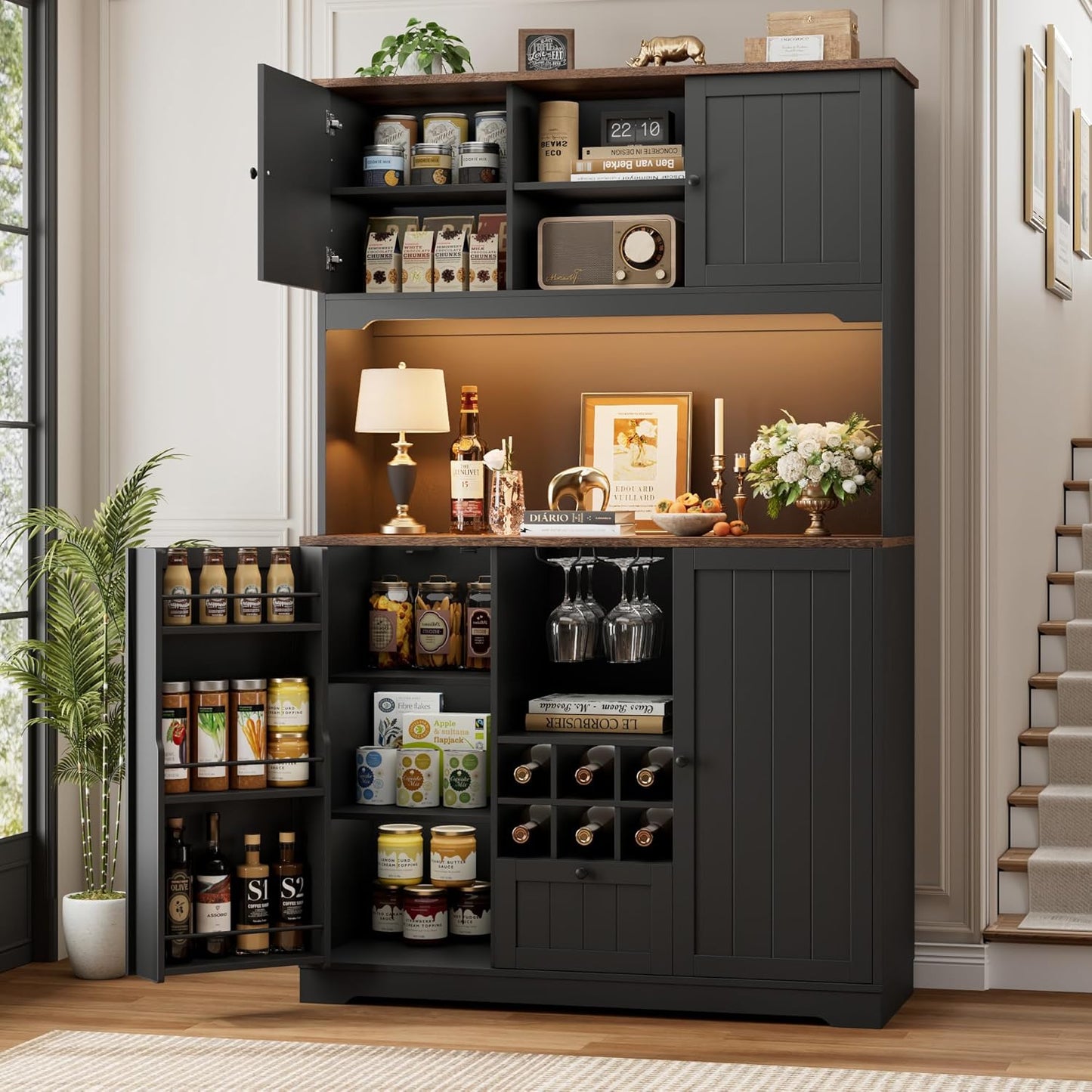 FINETONES 71" Pantry Cabinet with LED Light and Charging Station, Kitchen Pantry Cabinet with Microwave Stand, Kitchen Hutch Food Storage Cabinet with Outlet and Wine Racks, Black