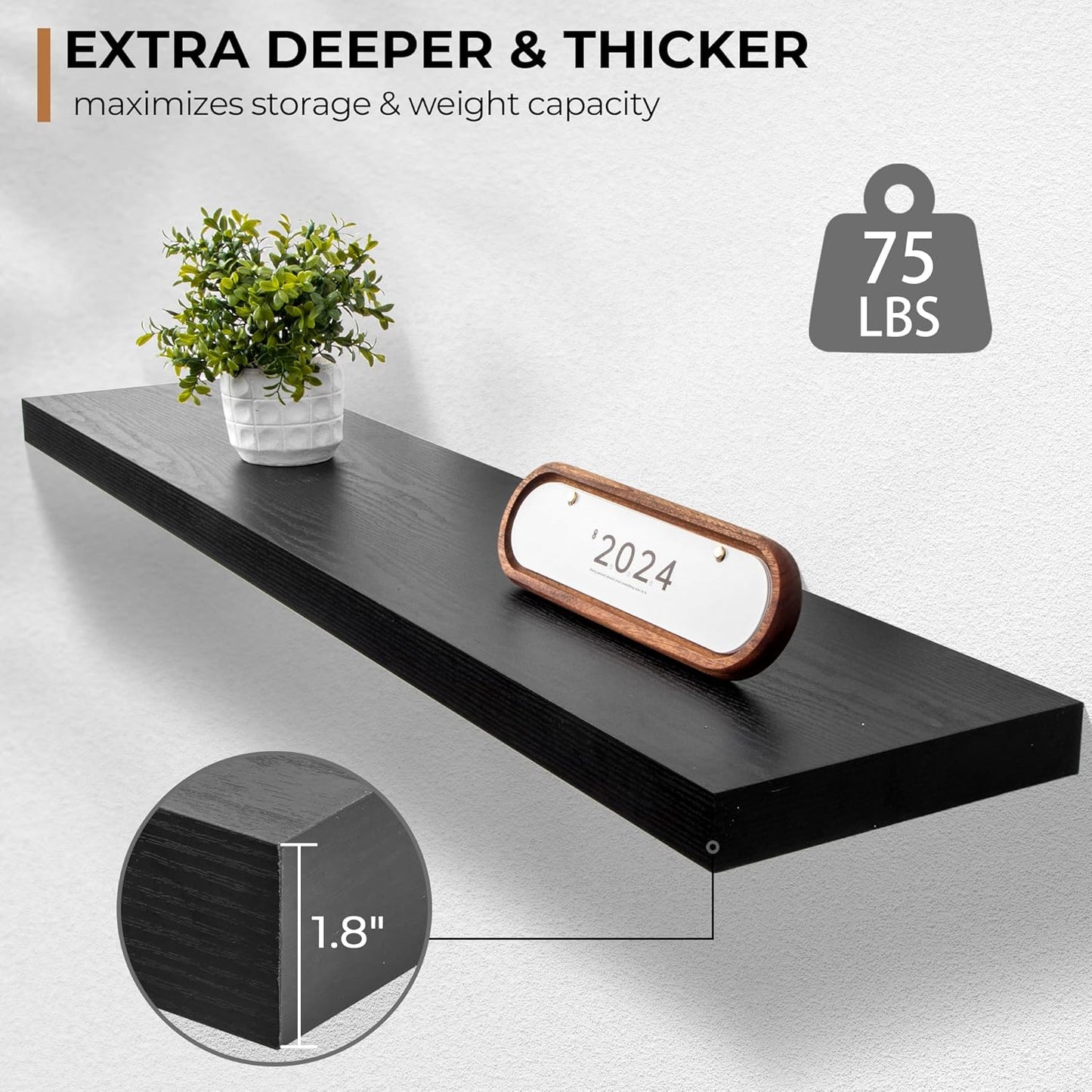 Floating Shelves - 10.3 Inch Deep Wall Shelf for Decor & Storage - Wall Mounted Display Shelving with Invisible Heavy-Duty Metal Bracket - 48" W x 10.3" D x 1.8" H - Set of 1 - Rustic Black