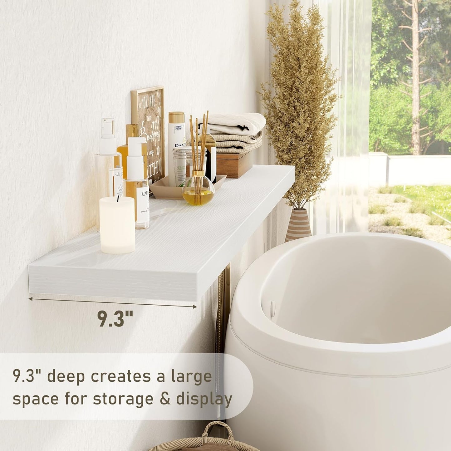 White Floating Shelves Wall Shelf 48 Inch, 8 Inch Deep Floating Shelf for Wall, Farmhouse Black Wood Shelves Invisible Bracket for Living Room, Bedroom, Kitchen, 48 x 9.3 x 1.4 Inch, Set of 2