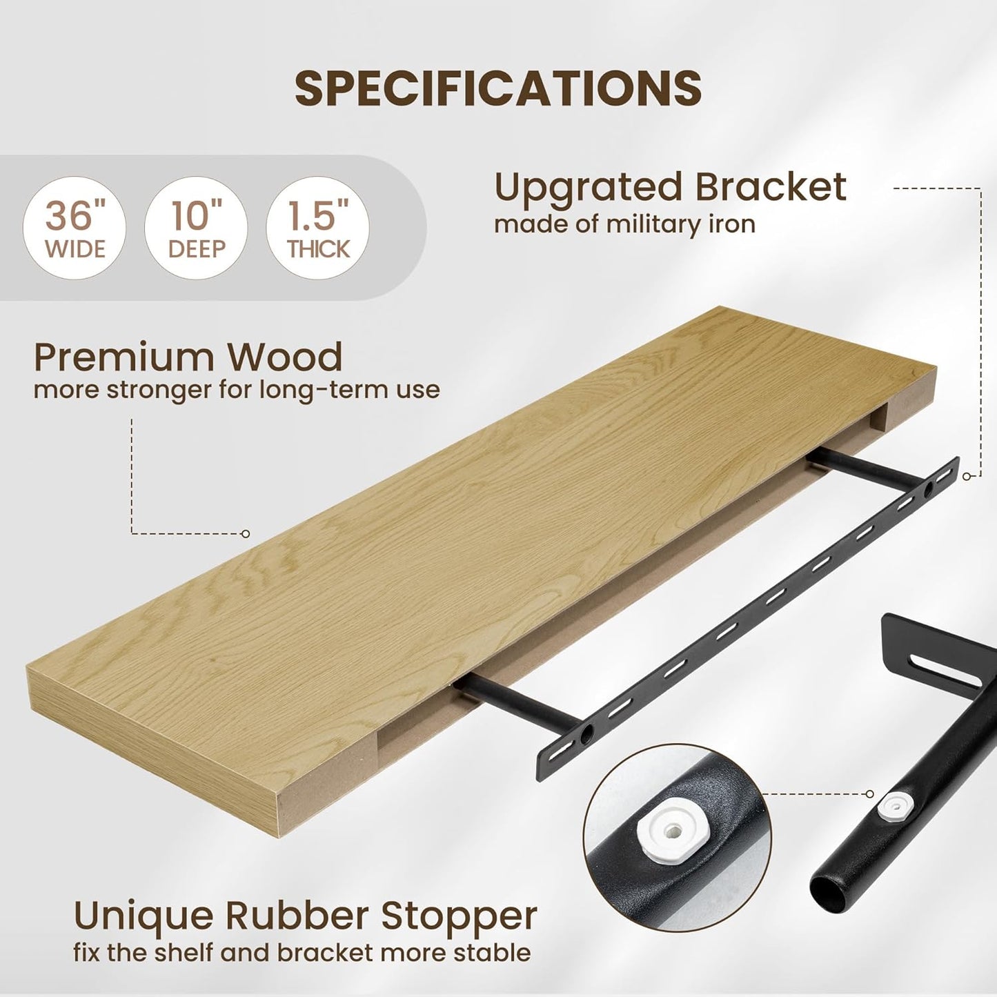 Fun Memories Floating Shelves for Wall 36 Inches, Wood Shelves with Invisible Bracket, 10" Deep Shelves Wall Mounted, Large Wood Floating Shelves for Living Room Bathroom, Oak, Set of 2