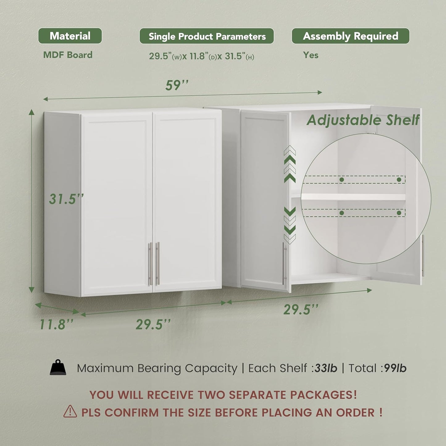 FIMELLO 60" Laundry Room Wall Cabinets with Adjustable Shelf, Large Wall Storage Cabinet, White Wall Cabinet with Doors, Upper Kitchen Cabinet, Cabinets for Laundry, Bathroom, Kitchen -White