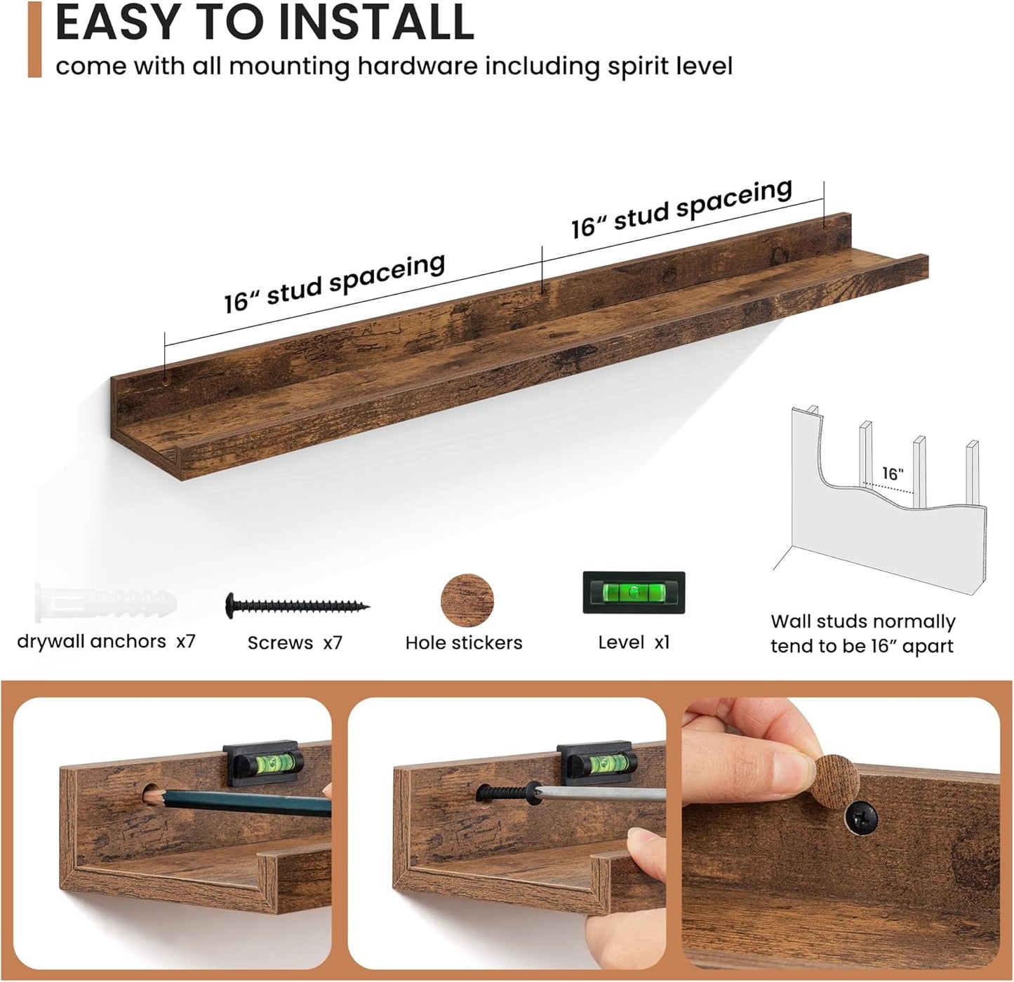 Fun Memories Picture Ledge Shelves Set of 2, 36 Inch Rustic Wall Mounted Floating Shelves with Lip for Home Storage and Décor in Bathroom, Kitchen, Nursery, Bedroom, Living Room, Brown