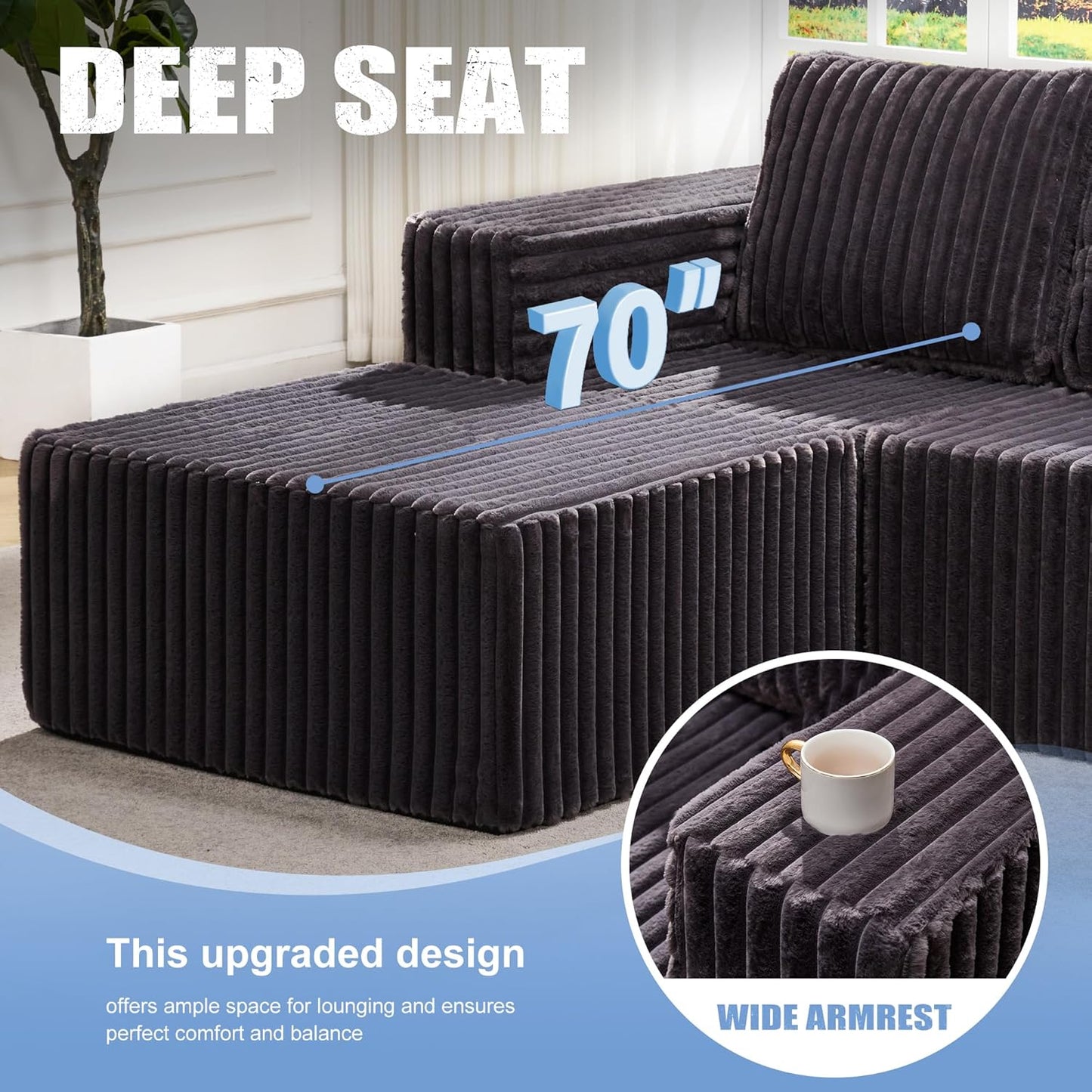 Hobestluk Modular Sectional Sofa Memory Foam Couch L Shape Sofa for Living Room Loveseat with Chaise Lounge Cloud Couch with Removable Cover (Stripe Grey, Loveseat with Chaise)