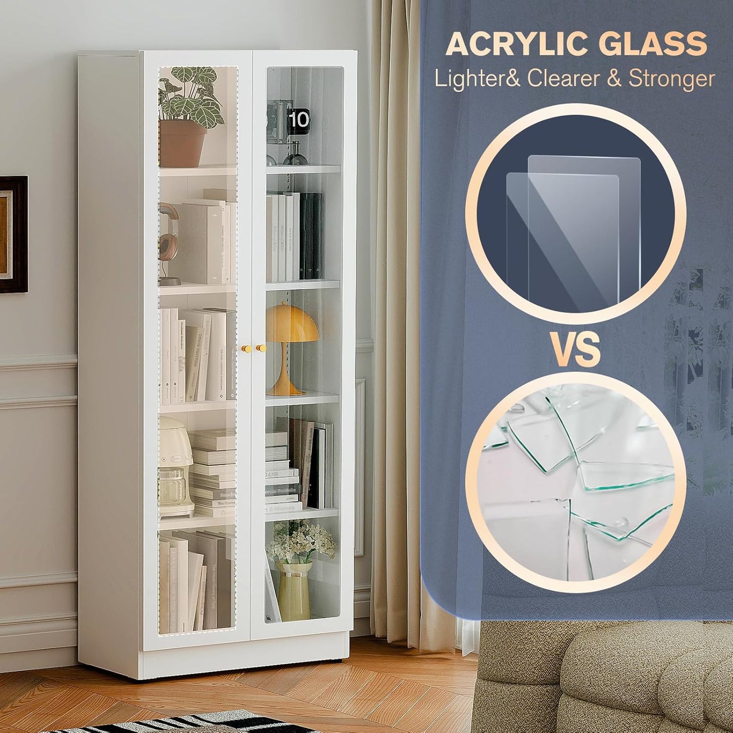 5 Tier Metal Curio Cabinets, Modern Bookshelf Cabinet with 4 Adjustable Shelves, Cabinet Display Case for Home Office, Living Room, Pantry (White-27.5W)