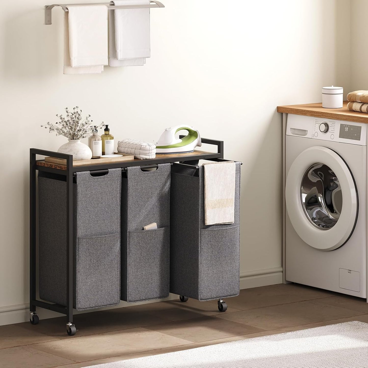 HOOBRO Laundry Sorter 3 Section, Laundry Hamper with Wheels, 3 × 11.5 Gal (43.4L), Rolling Laundry Basket, Pull-Out and Removable Oxford Fabric Laundry Bags, Rustic Brown and Grey BFG76XY01