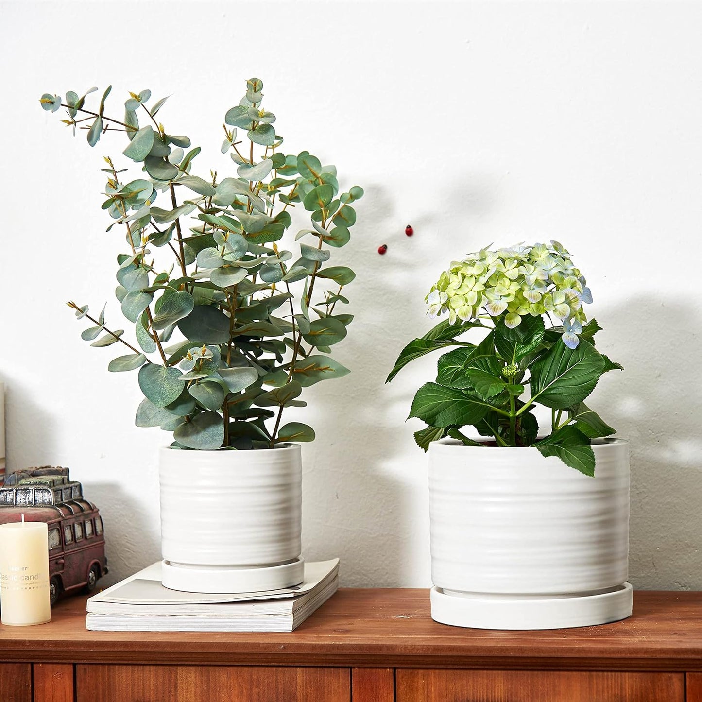 6 + 8 Inch Plant Pots, Ceramic Planter Pot with Drainage Hole & Saucer, Indoor/Outdoor Cylinder Round Planter Pot, Matte White