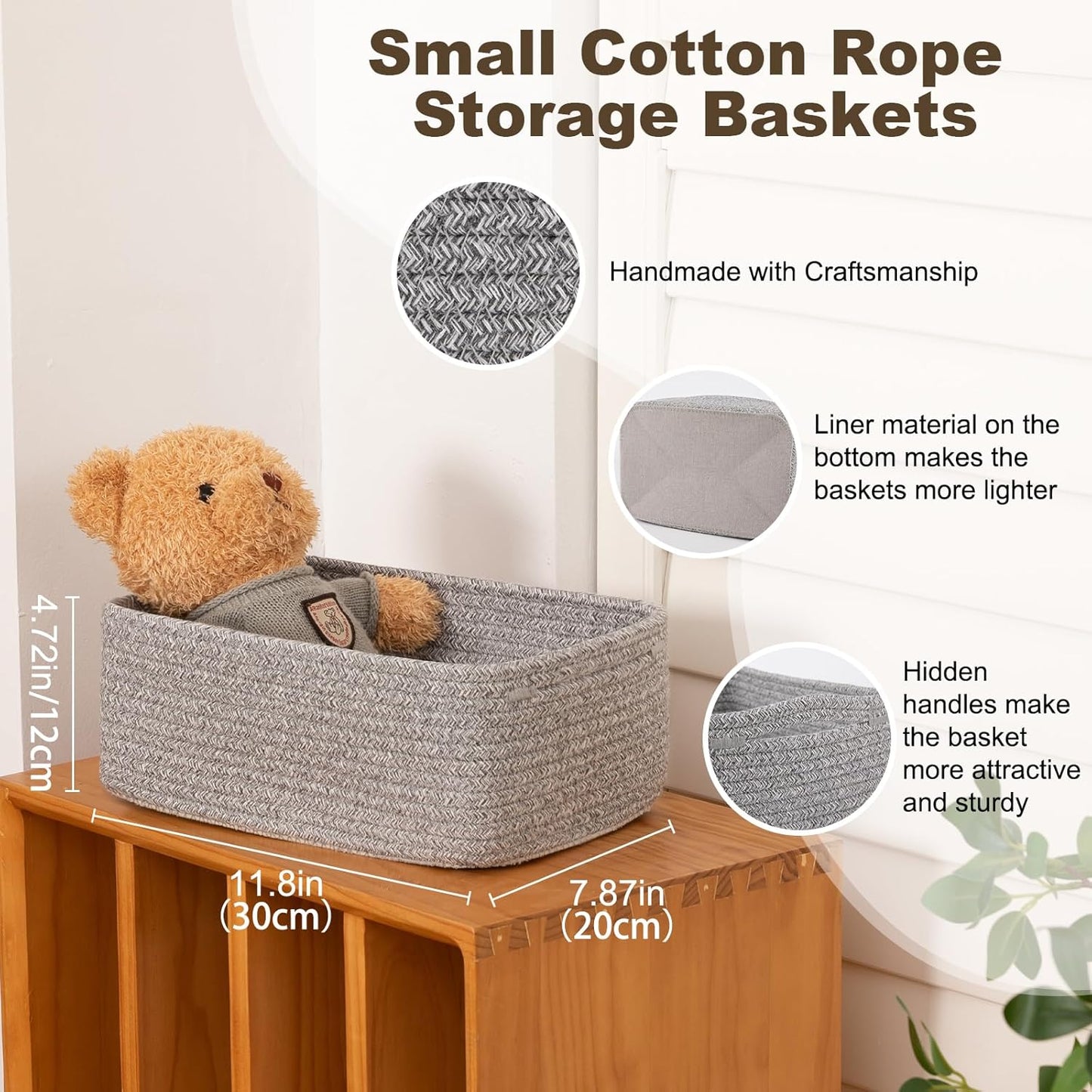 3 Pack Small Storage Baskets for Organizing, Cute Woven Decorative Gift Baskets for Shelves, Mini Closet Organizer Bins with Handles, 11.81''Lx7.87''Wx4.72''H-Grey